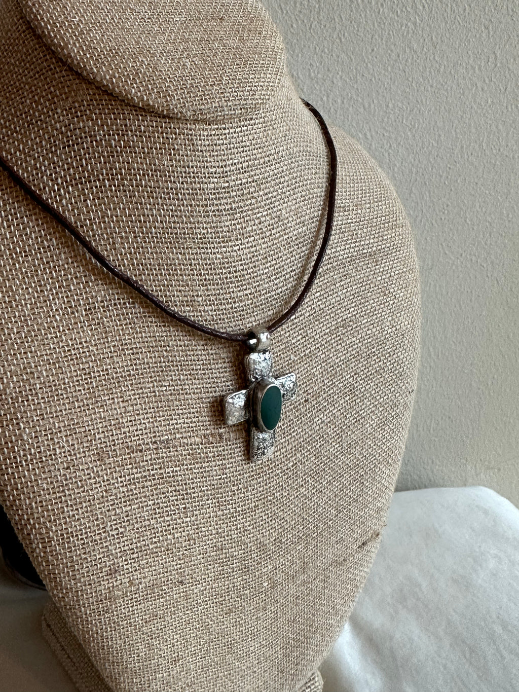 Textured Silver-Tone Cross Pendant on Wax Cord