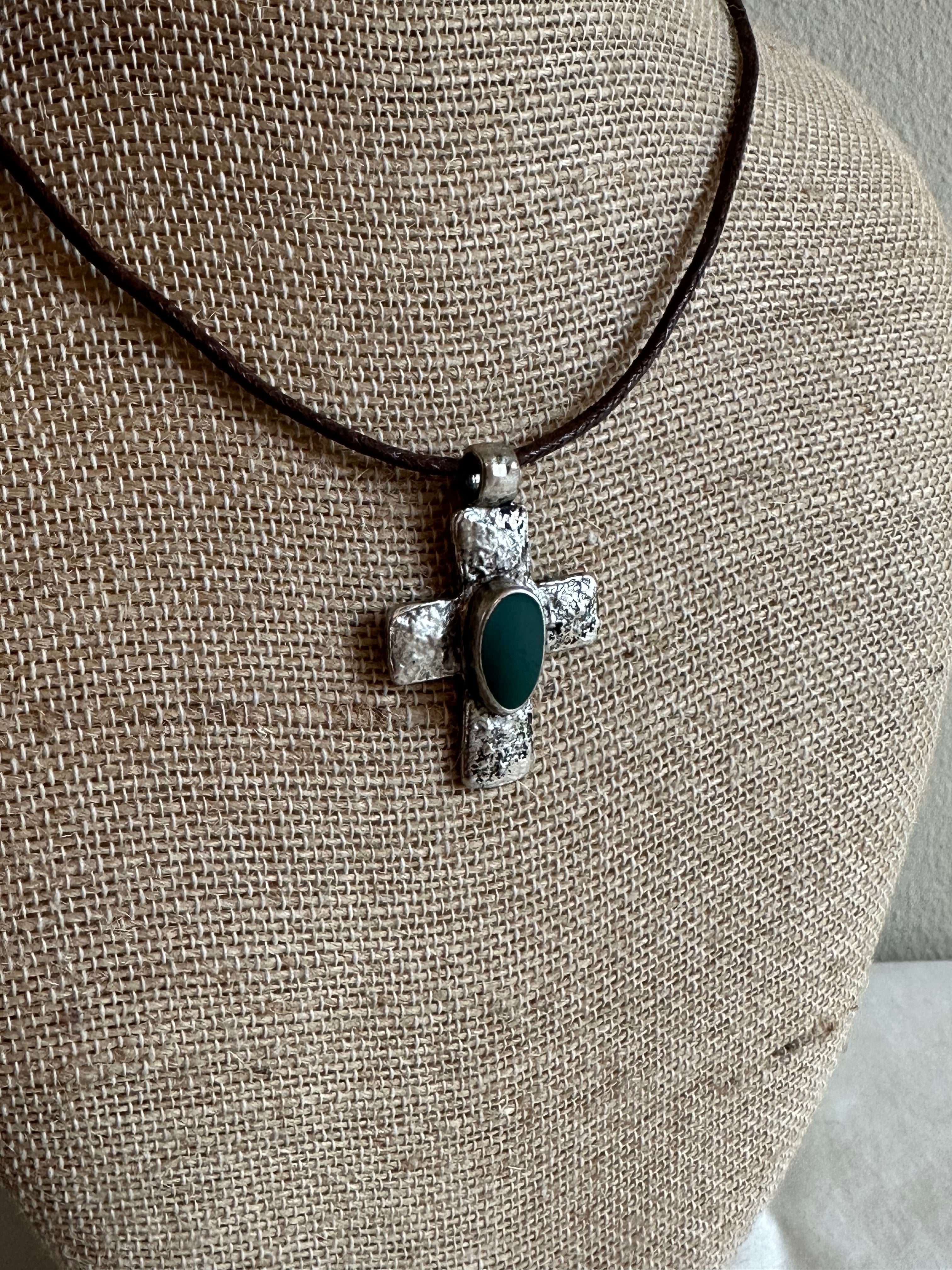 Textured Silver-Tone Cross Pendant on Wax Cord