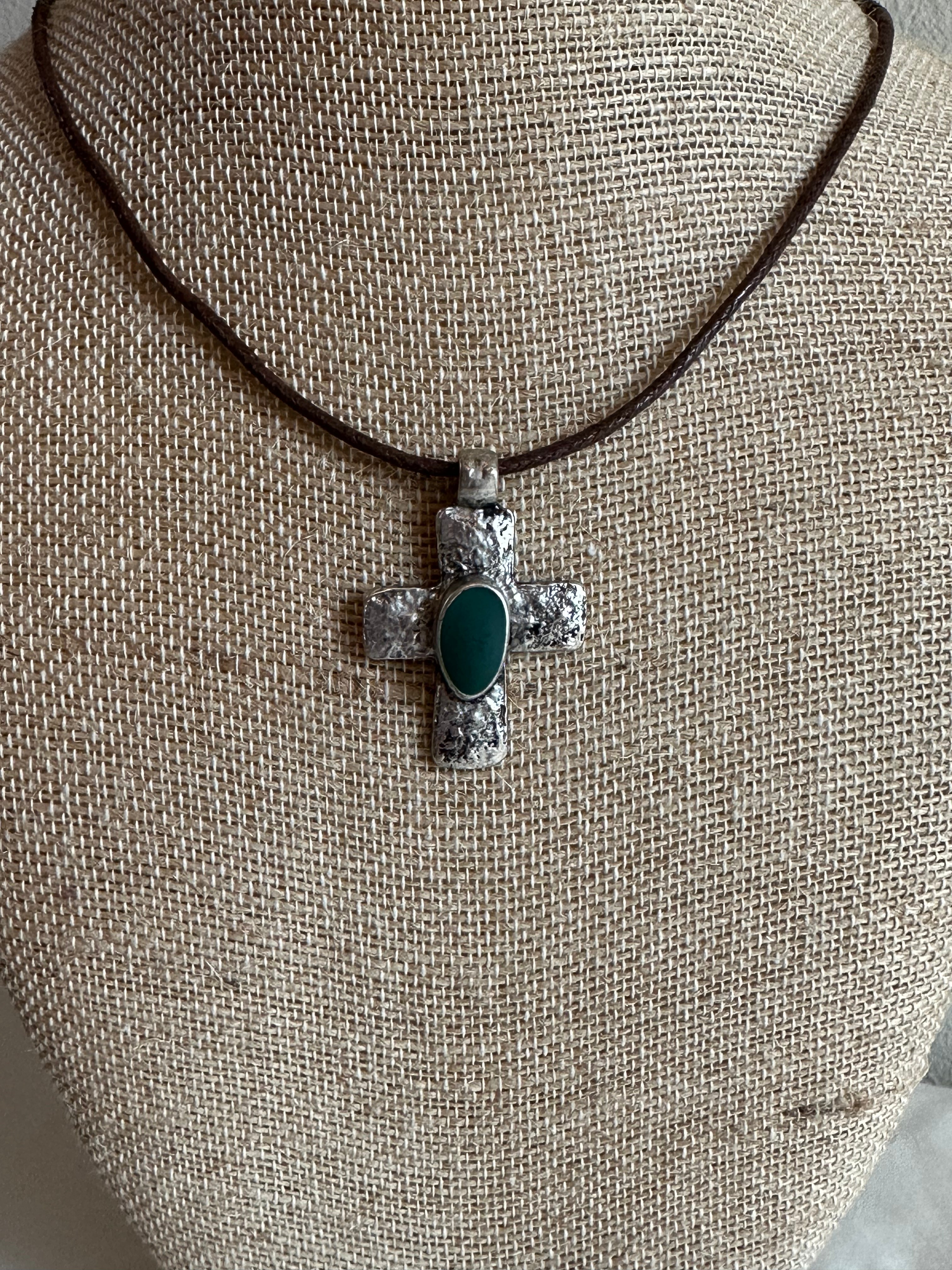 Textured Silver-Tone Cross Pendant on Wax Cord