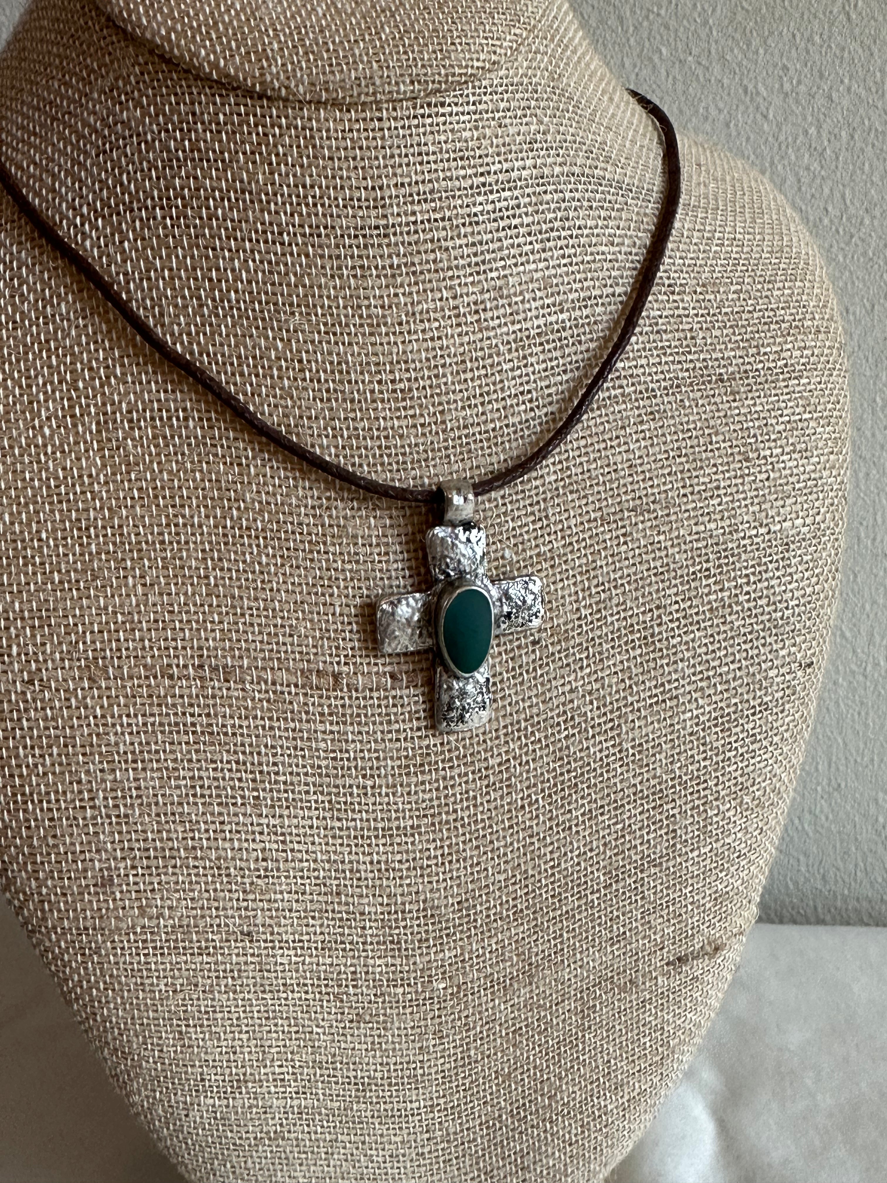 Textured Silver-Tone Cross Pendant on Wax Cord