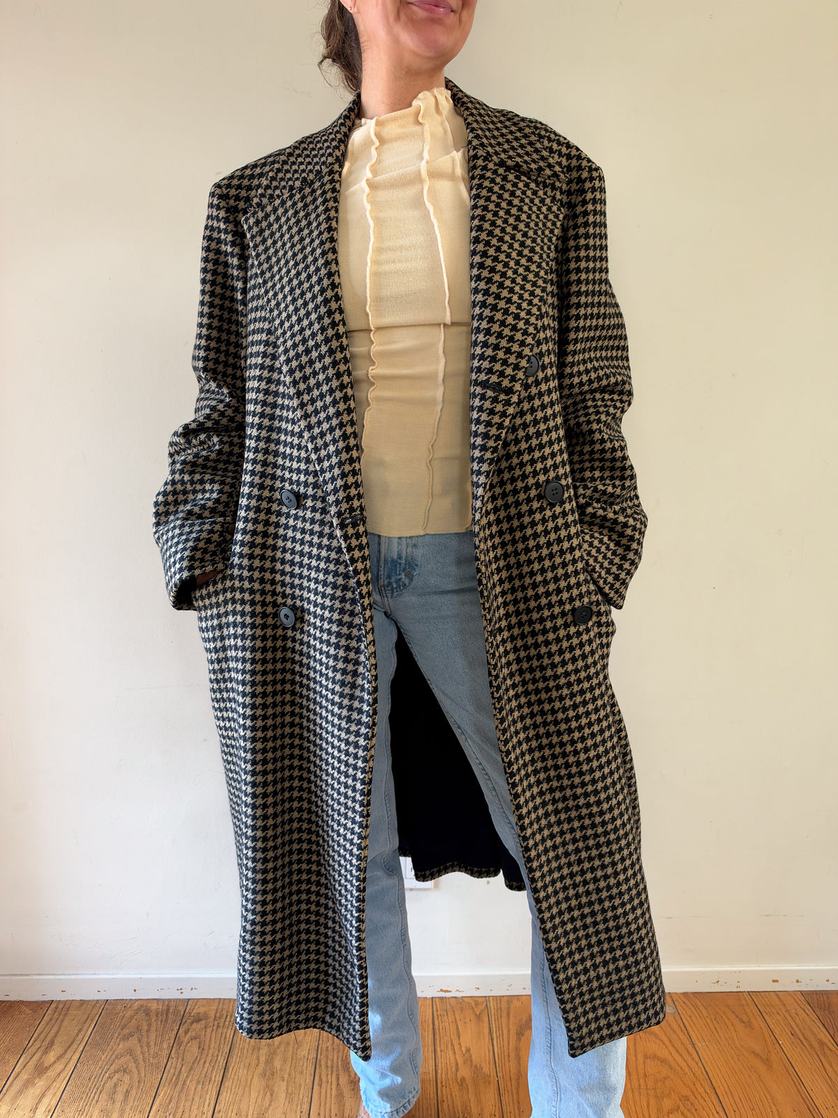 70/80s Bespoke Dunhill Tailors NY Double-Breasted Houndstooth Overcoat