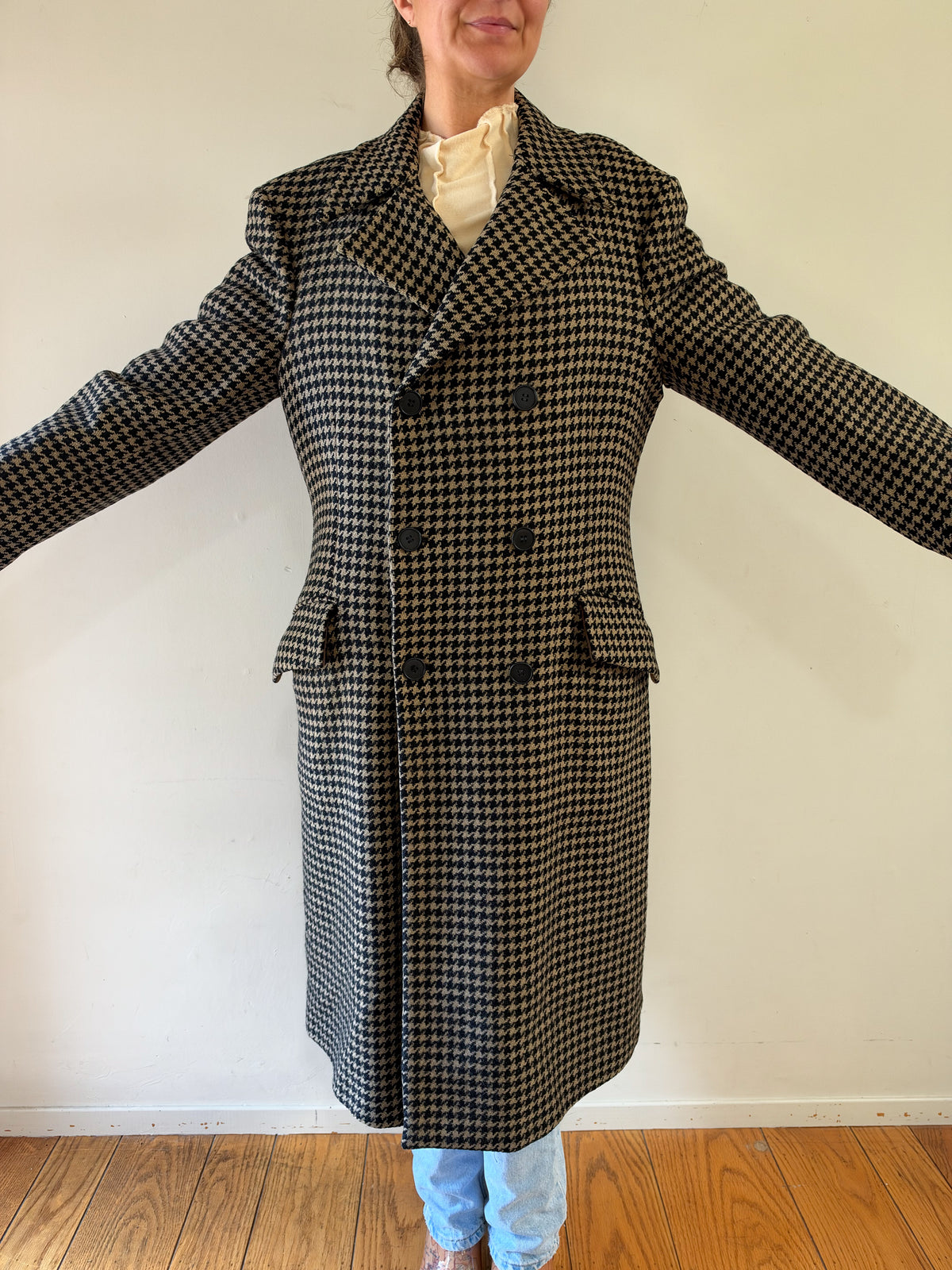 70/80s Bespoke Dunhill Tailors NY Double-Breasted Houndstooth Overcoat