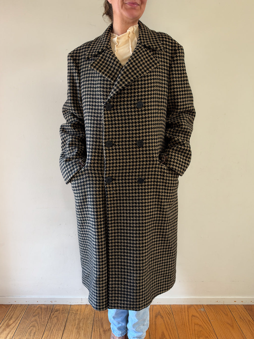 70/80s Bespoke Dunhill Tailors NY Double-Breasted Houndstooth Overcoat