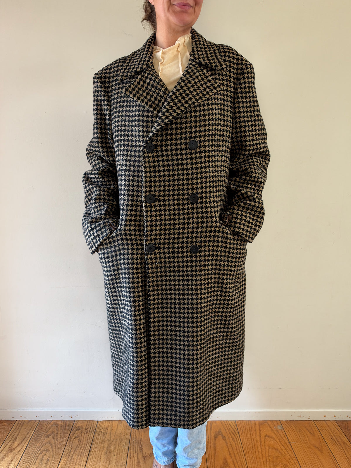 70/80s Bespoke Dunhill Tailors NY Double-Breasted Houndstooth Overcoat