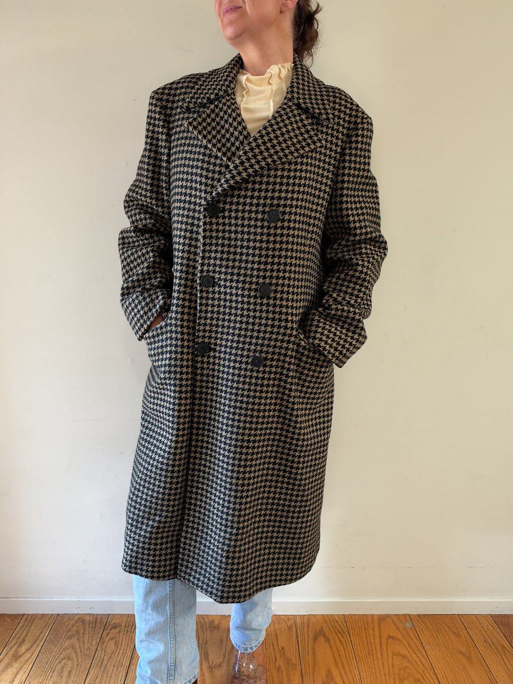70/80s Bespoke Dunhill Tailors NY Double-Breasted Houndstooth Overcoat