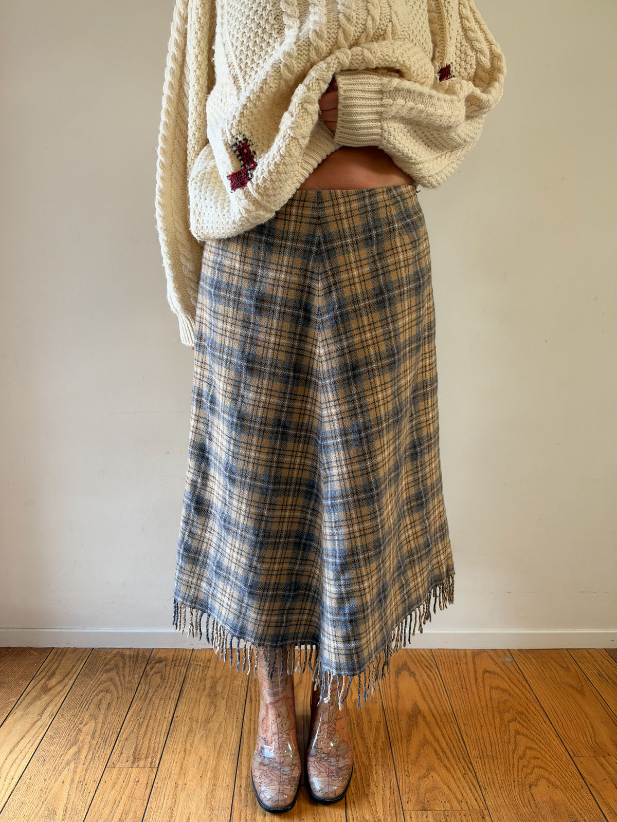 Marconi Italian Wool Blend Plaid Fringe Skirt