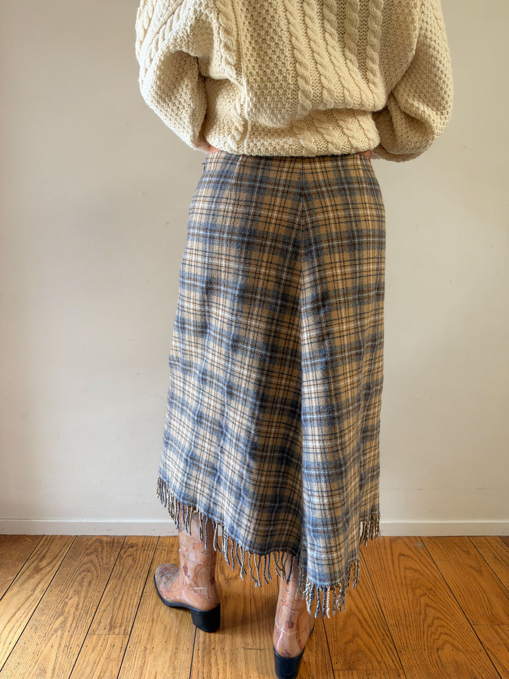 Marconi Italian Wool Blend Plaid Fringe Skirt