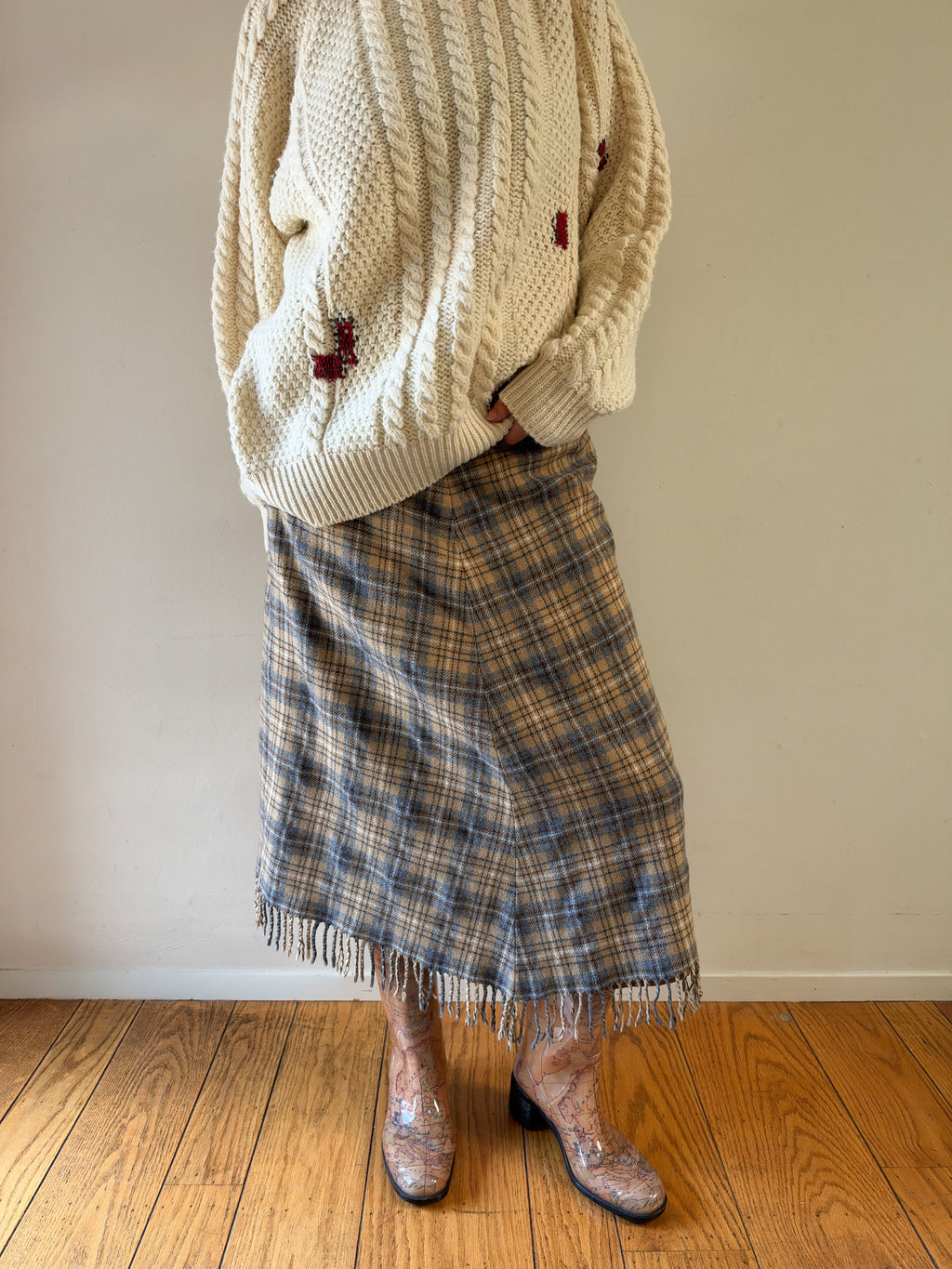 Marconi Italian Wool Blend Plaid Fringe Skirt