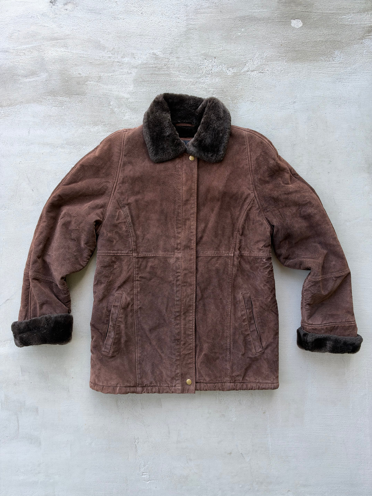 90s Chocolate Suede Coat with Faux-Fur Lining