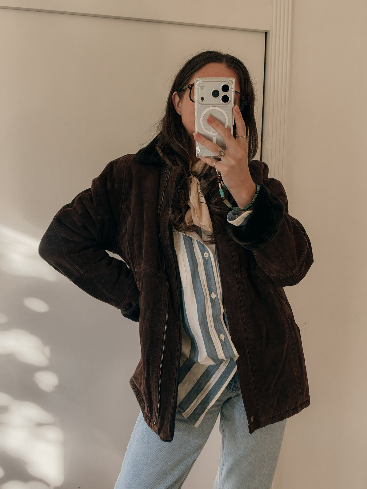 90s Chocolate Suede Coat with Faux-Fur Lining