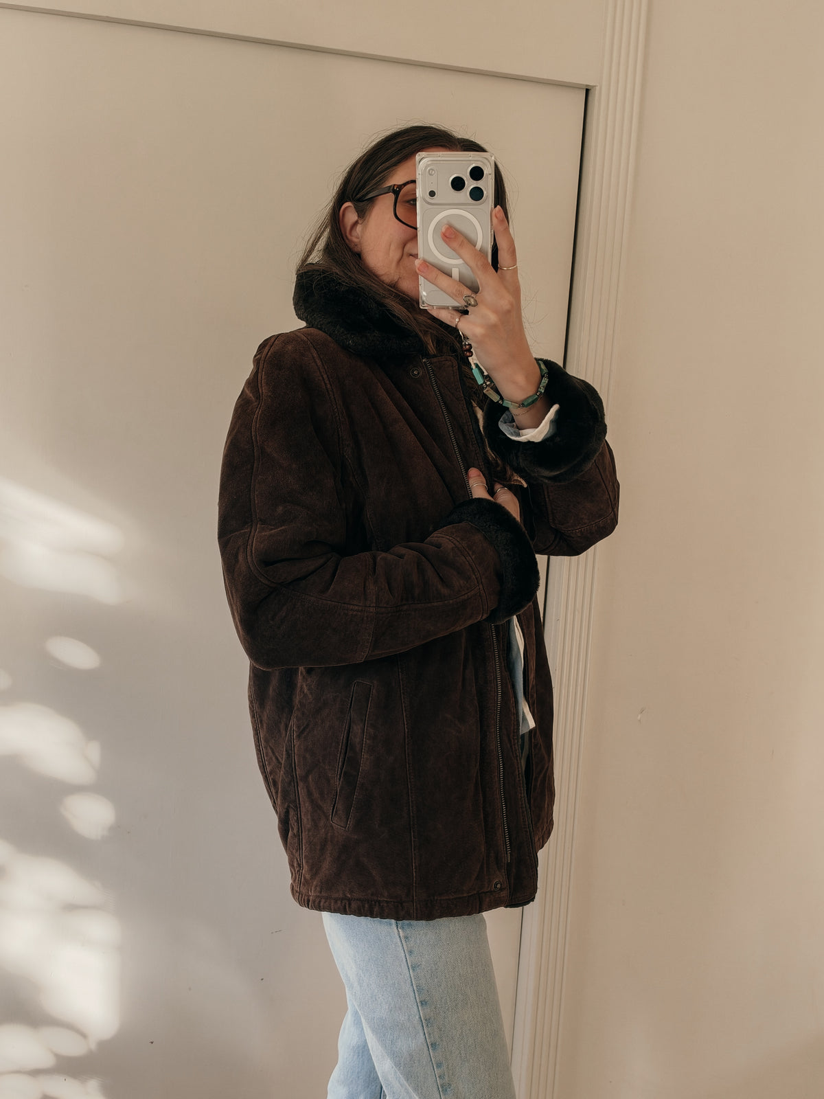 90s Chocolate Suede Coat with Faux-Fur Lining