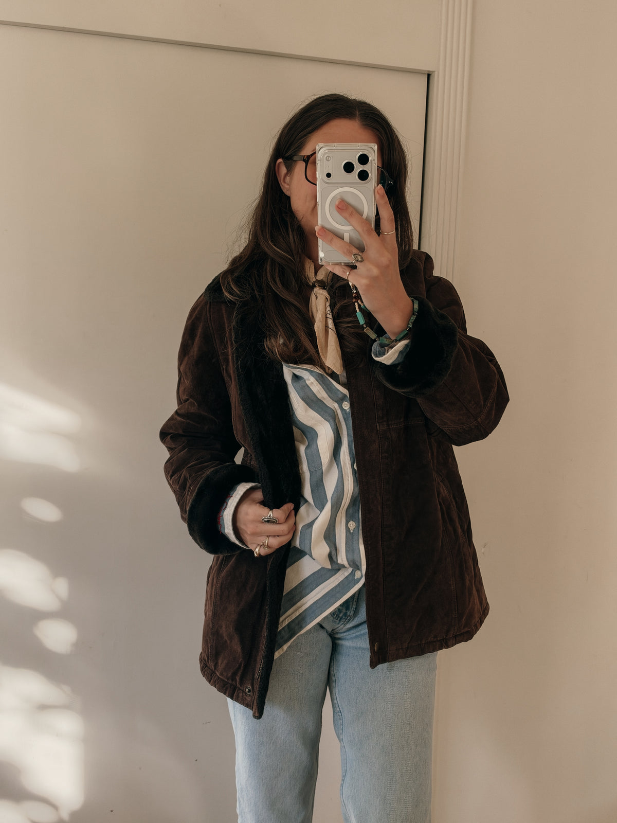 90s Chocolate Suede Coat with Faux-Fur Lining
