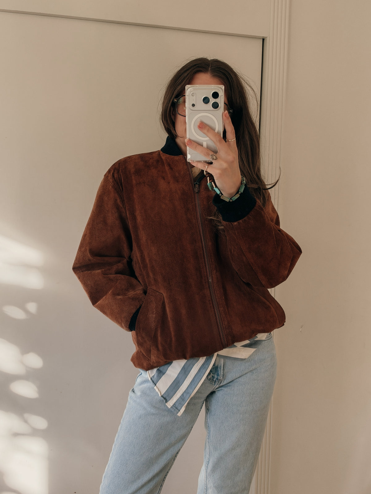 90s Terracotta Suede Longline Bomber