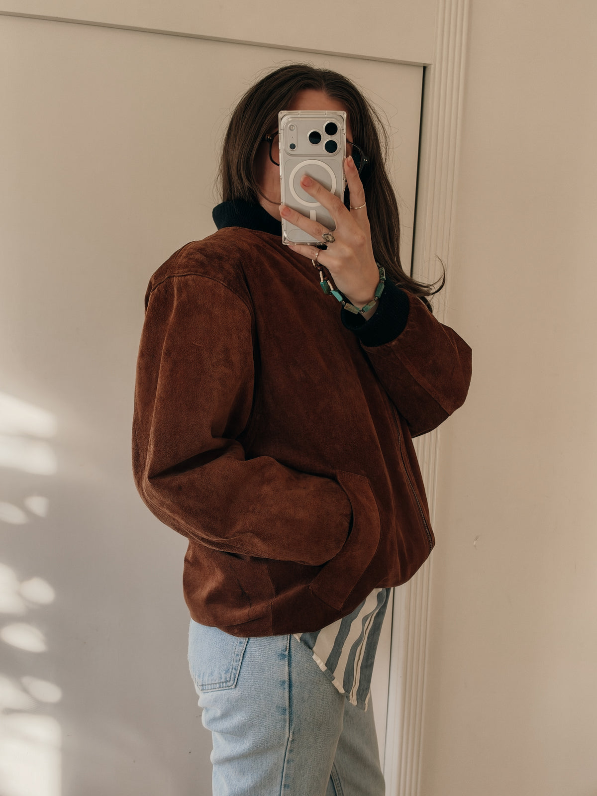 90s Terracotta Suede Longline Bomber