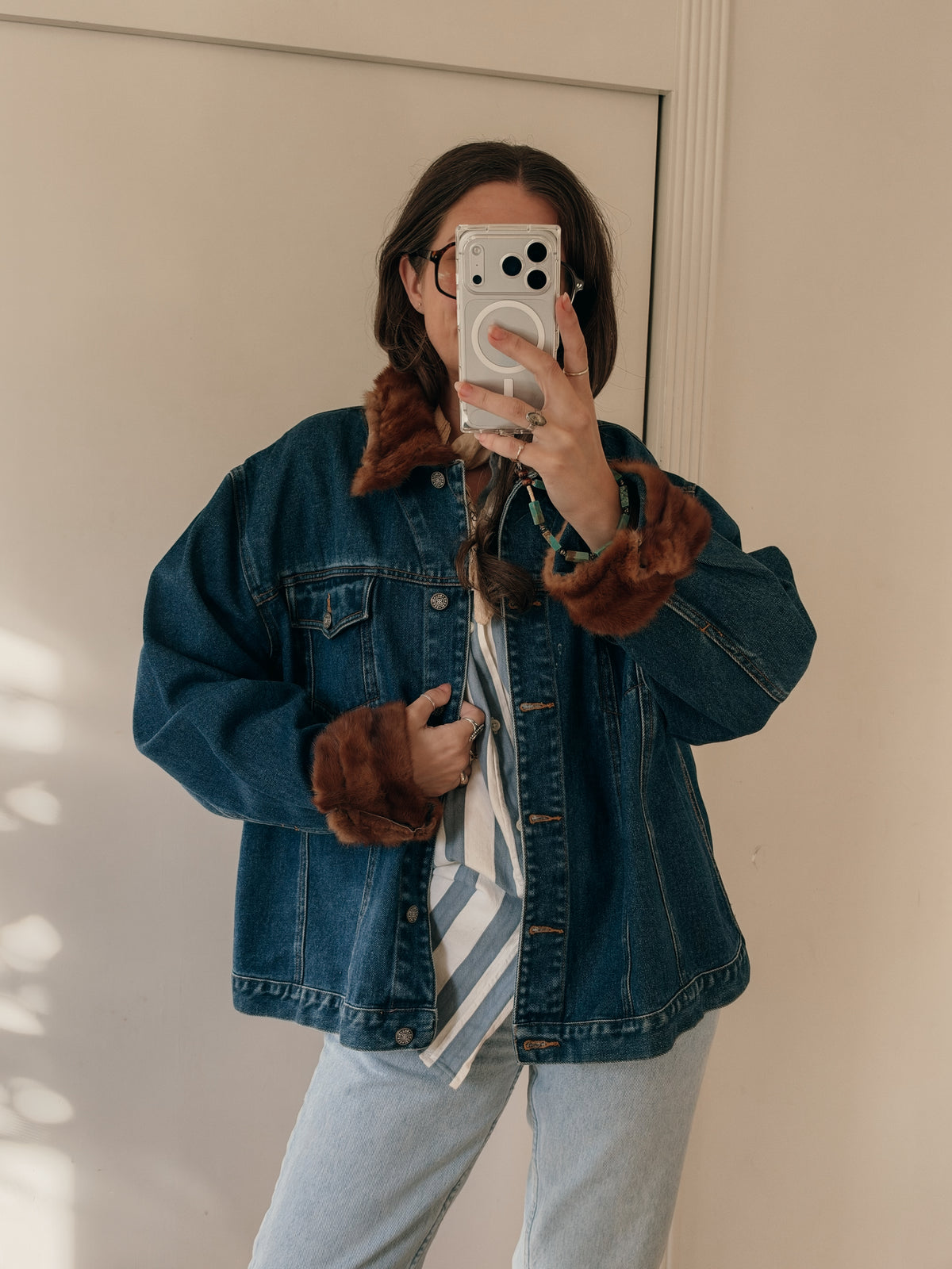 90s Upcycled Bill Blass Fur-Trim Denim Jacket