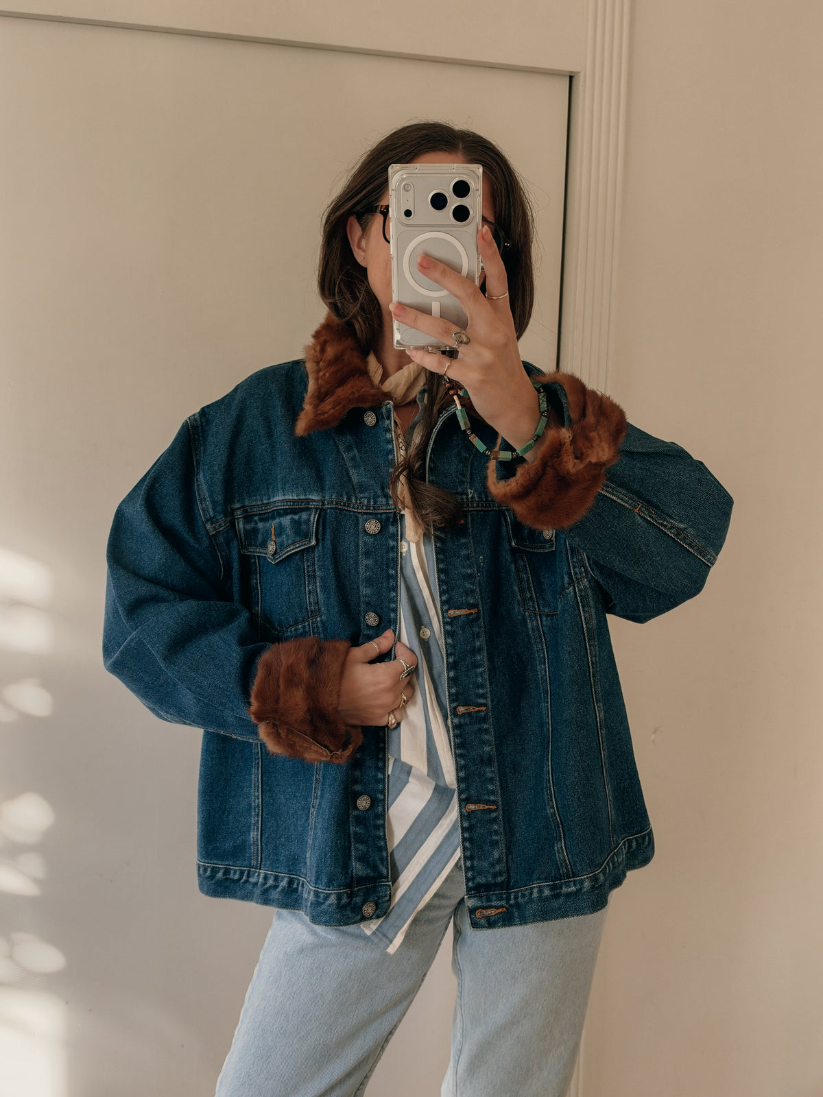 90s Upcycled Bill Blass Fur-Trim Denim Jacket