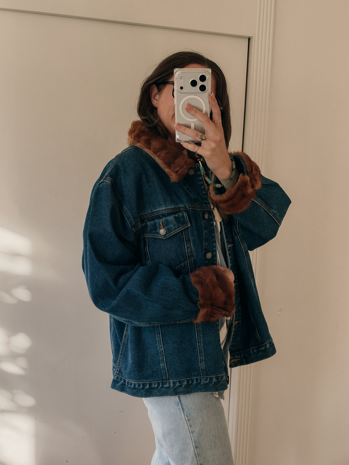 90s Upcycled Bill Blass Fur-Trim Denim Jacket