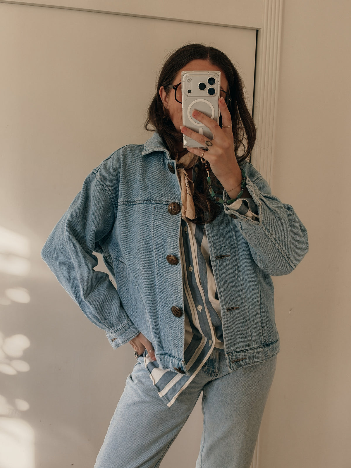Jump Boxy Denim Jacket with Brass Buttons