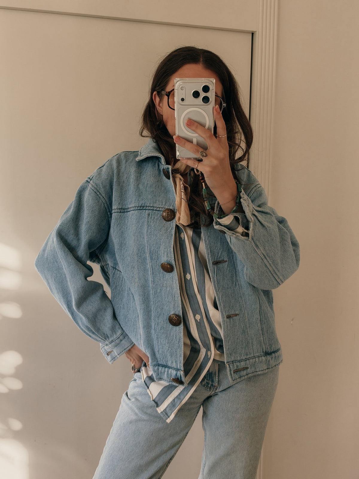 Jump Boxy Denim Jacket with Brass Buttons