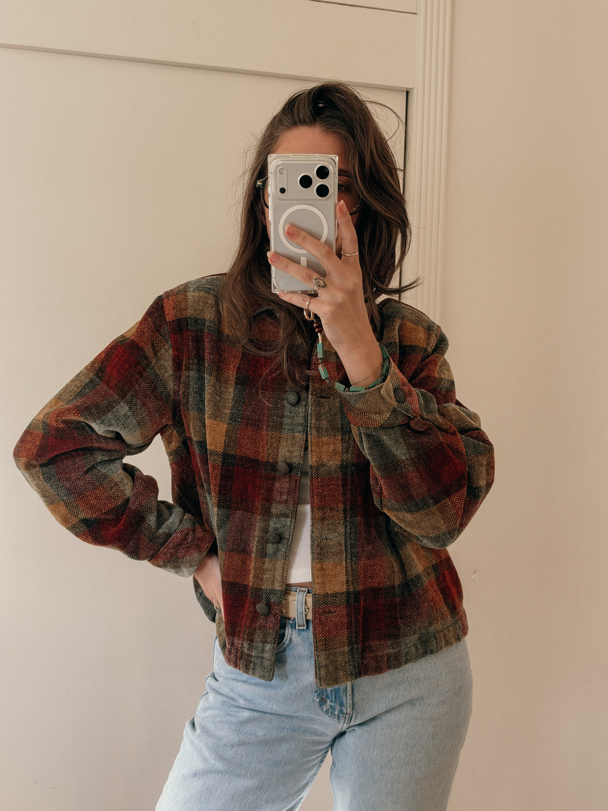 90s Boxy Chenille Plaid Jacket