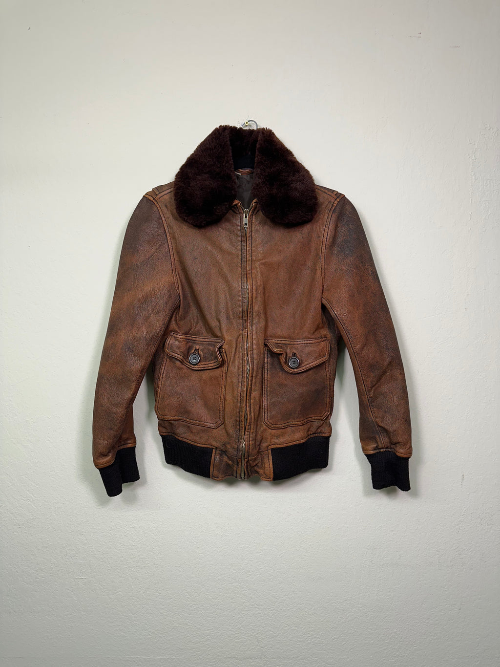 Distressed Leather Bomber Jacket with Shearling Collar