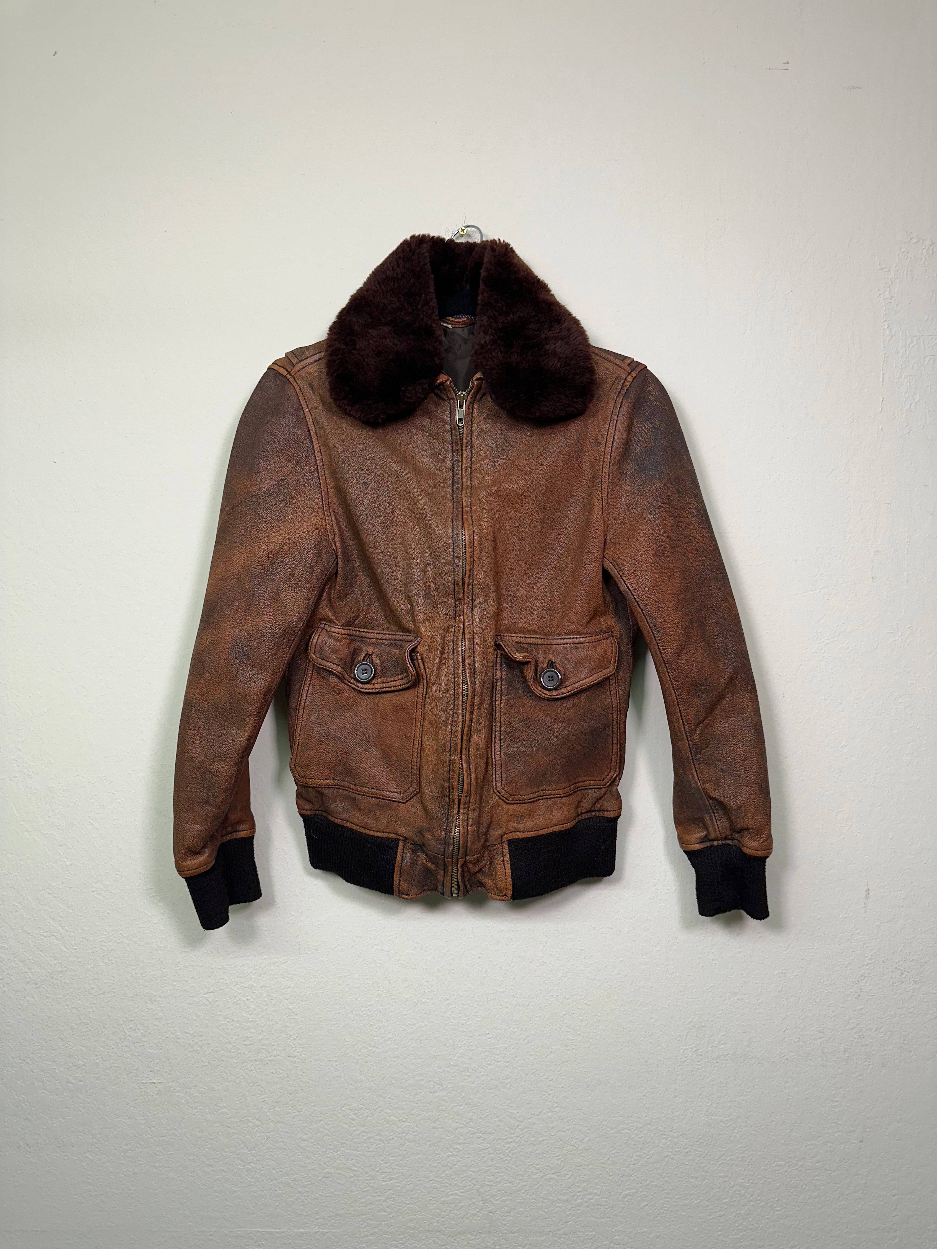 Distressed Leather Bomber Jacket with Shearling Collar