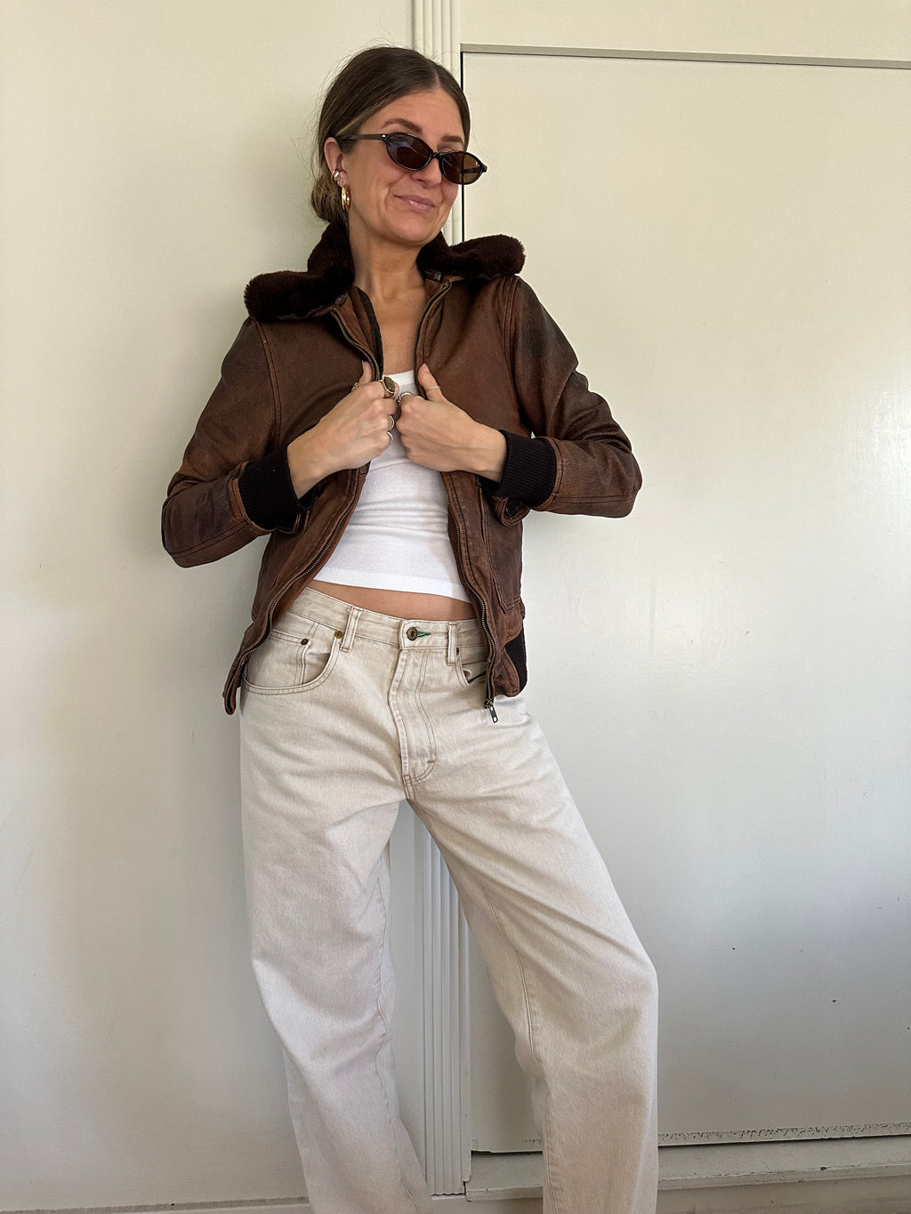 Distressed Leather Bomber Jacket with Shearling Collar