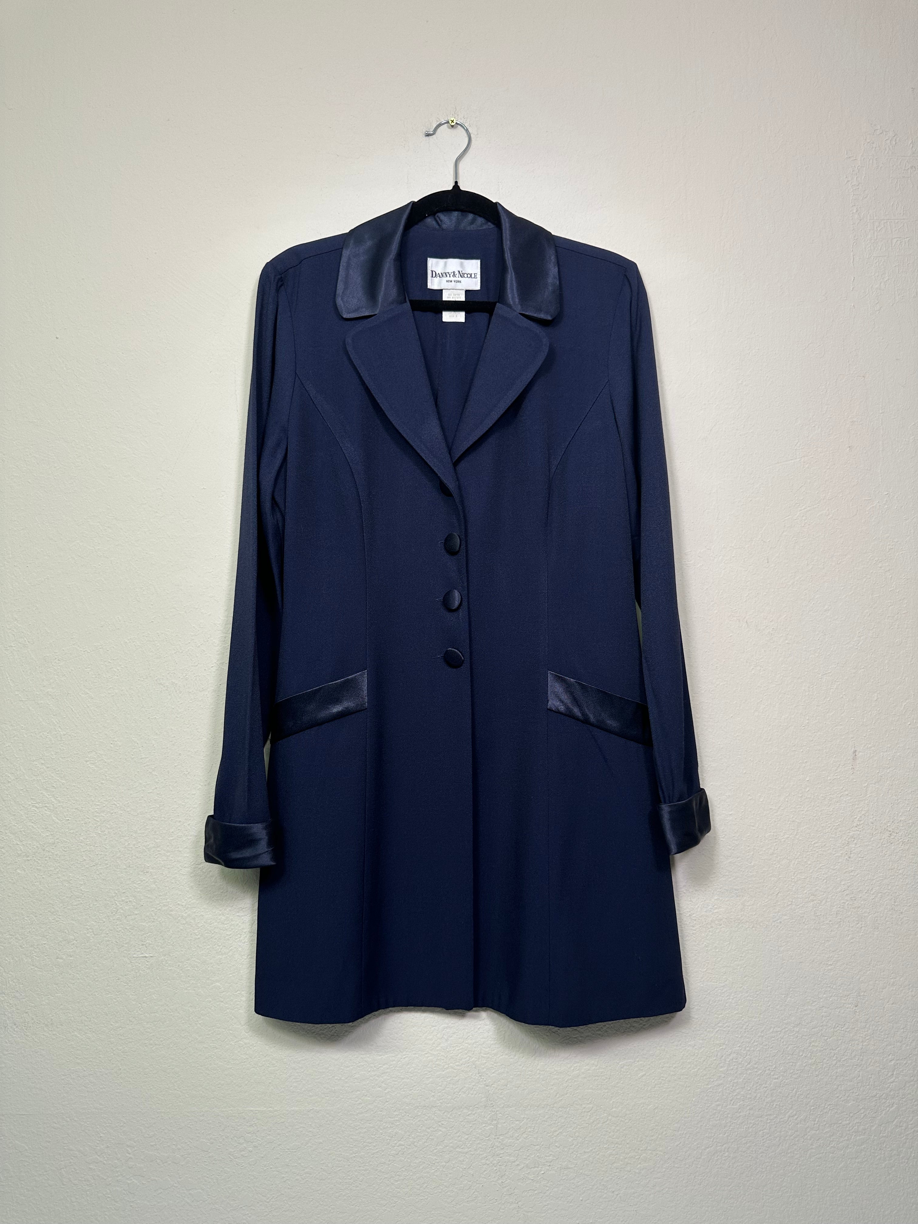 90s Satin-Trim Longline Navy Blazer