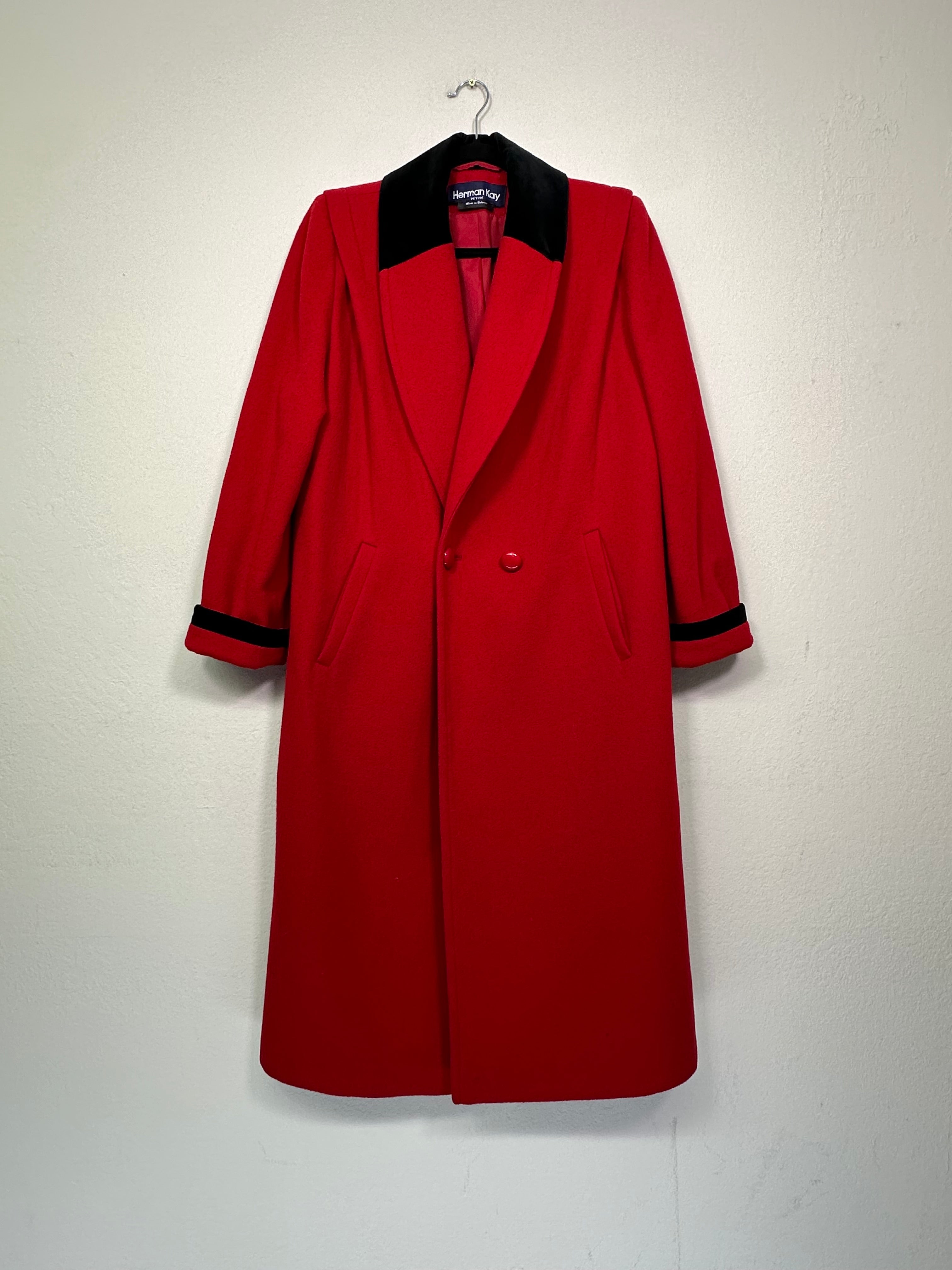 Red Wool Coat with Velvet Trim