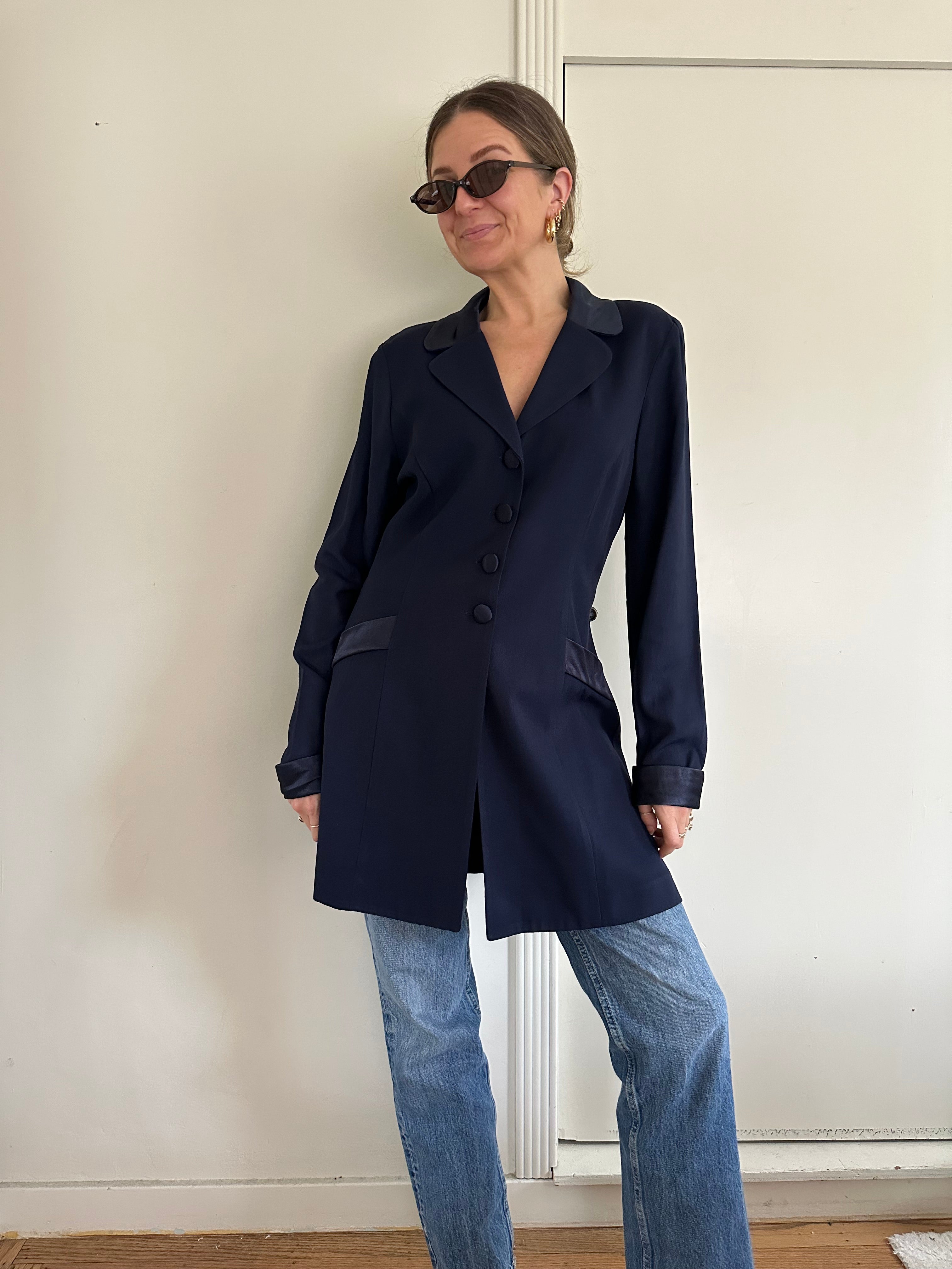 90s Satin-Trim Longline Navy Blazer