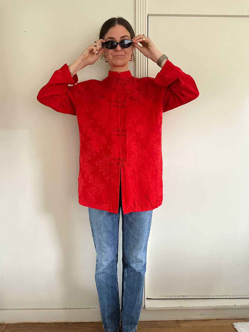 Vintage Red Silk Mandarin Style Tunic