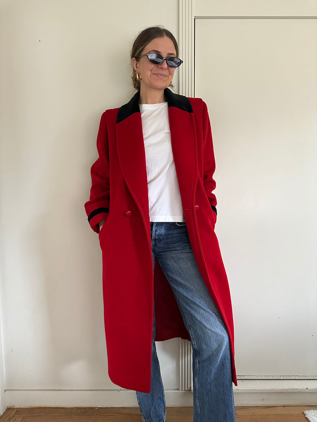 Red Wool Coat with Velvet Trim