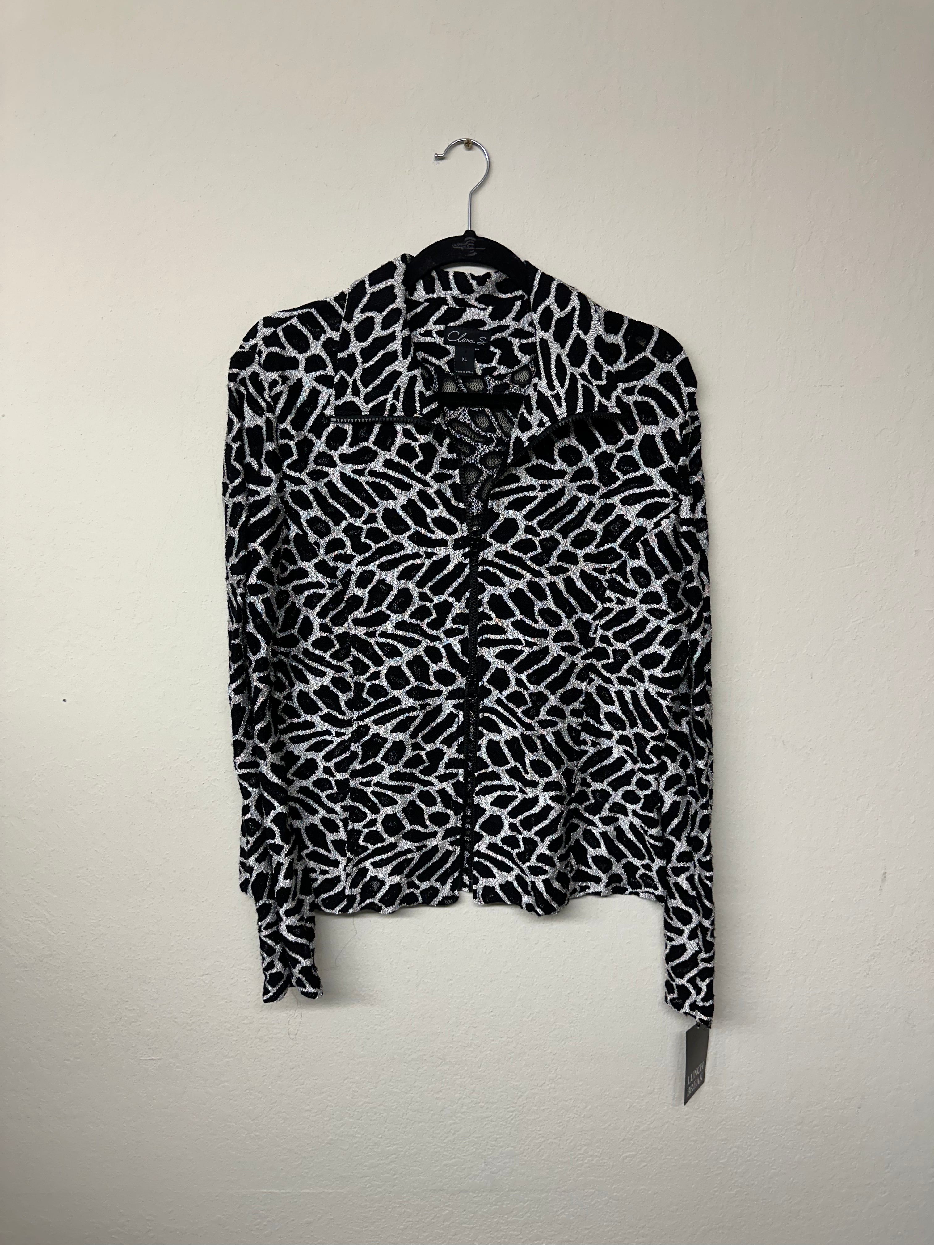 Clara S Black and White Animal Print Double Zip Mesh Jacket