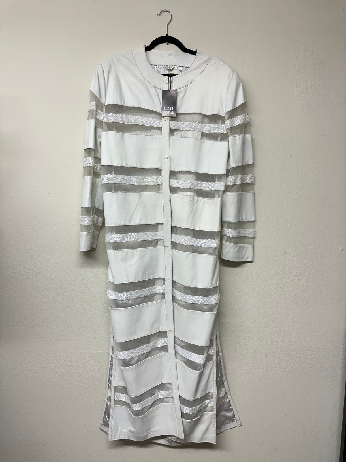 White Leather, Mesh & Beaded Genuine Leather Long Jacket