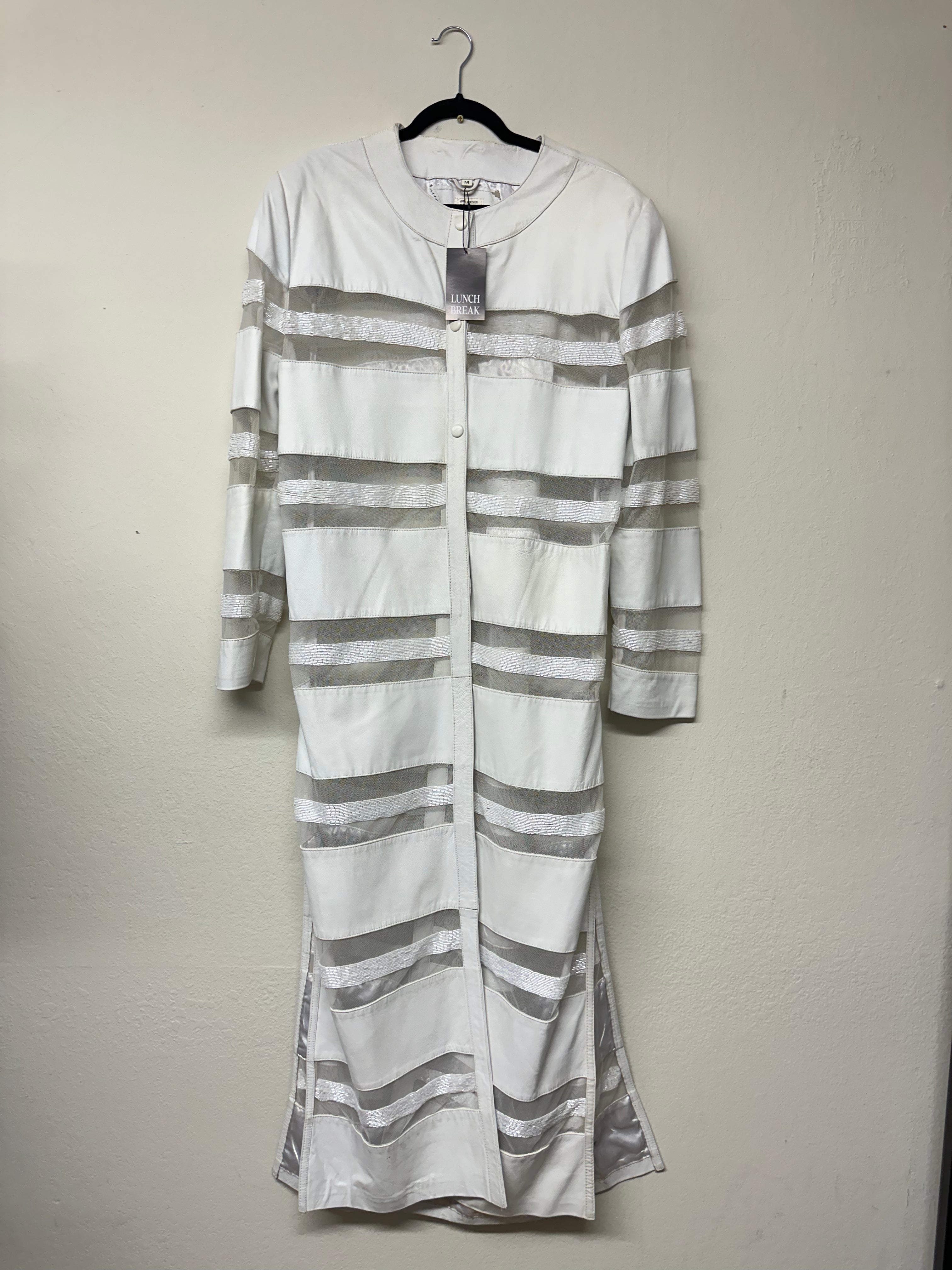 White Leather, Mesh & Beaded Genuine Leather Long Jacket
