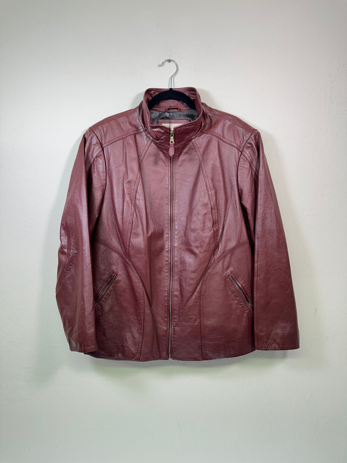 Covington Oxblood Red Funnel Neck Leather Jacket