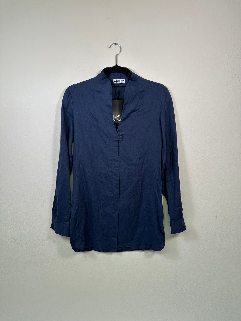 Maneki-Neko Italian Navy Blue Linen Mock Neck Blouse Top
