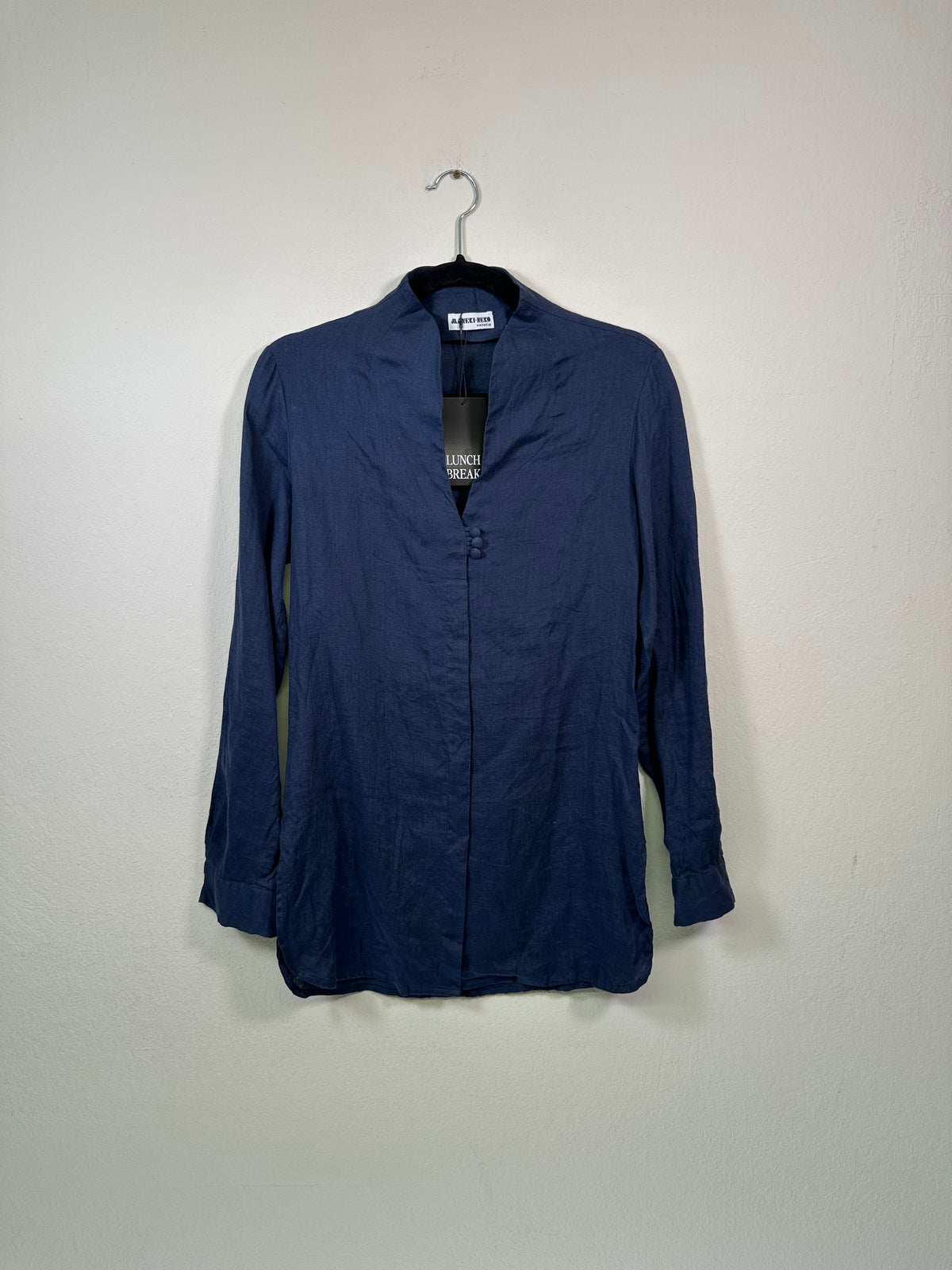 Maneki-Neko Italian Navy Blue Linen Mock Neck Blouse Top