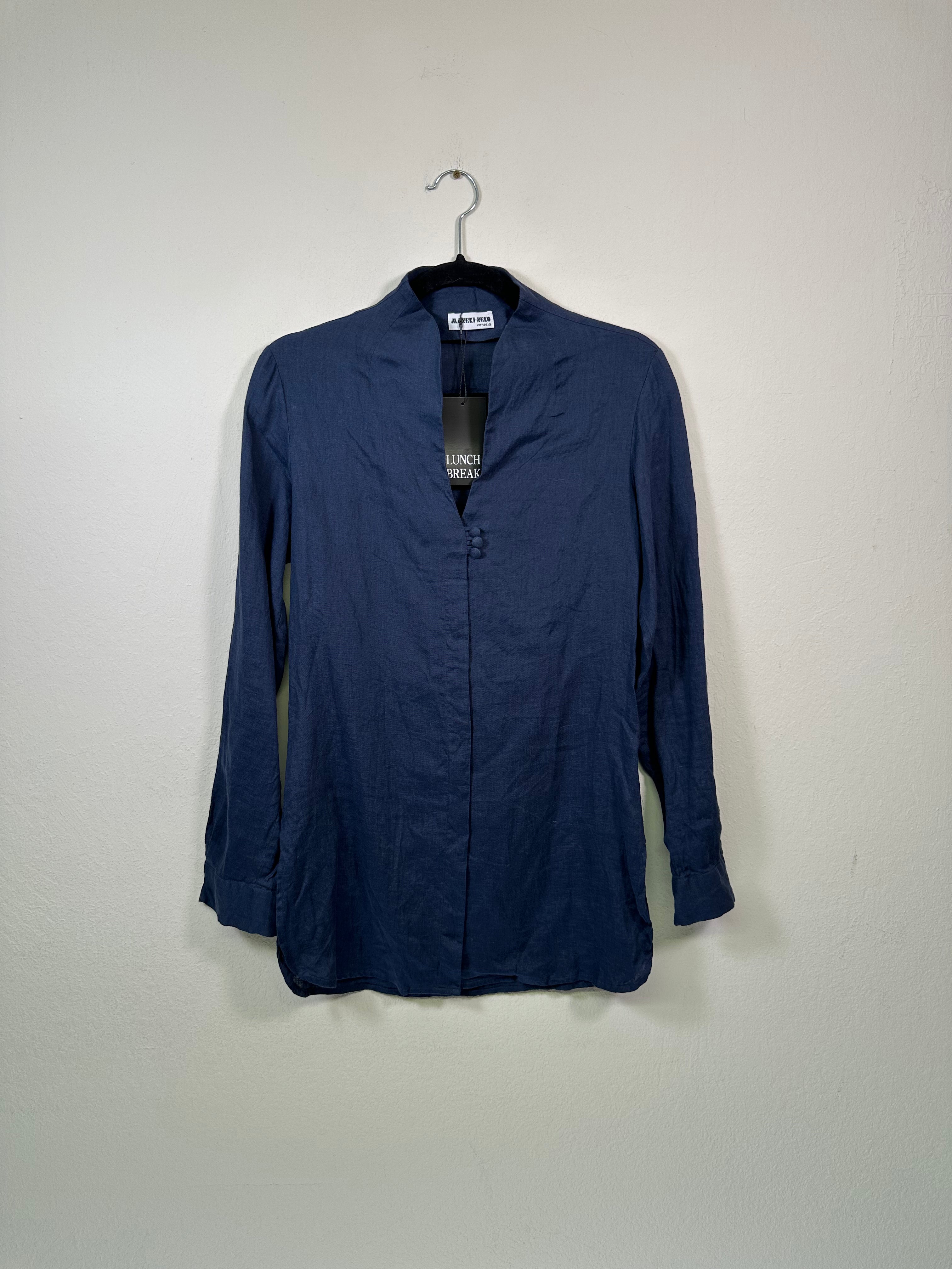 Maneki-Neko Italian Navy Blue Linen Mock Neck Blouse Top
