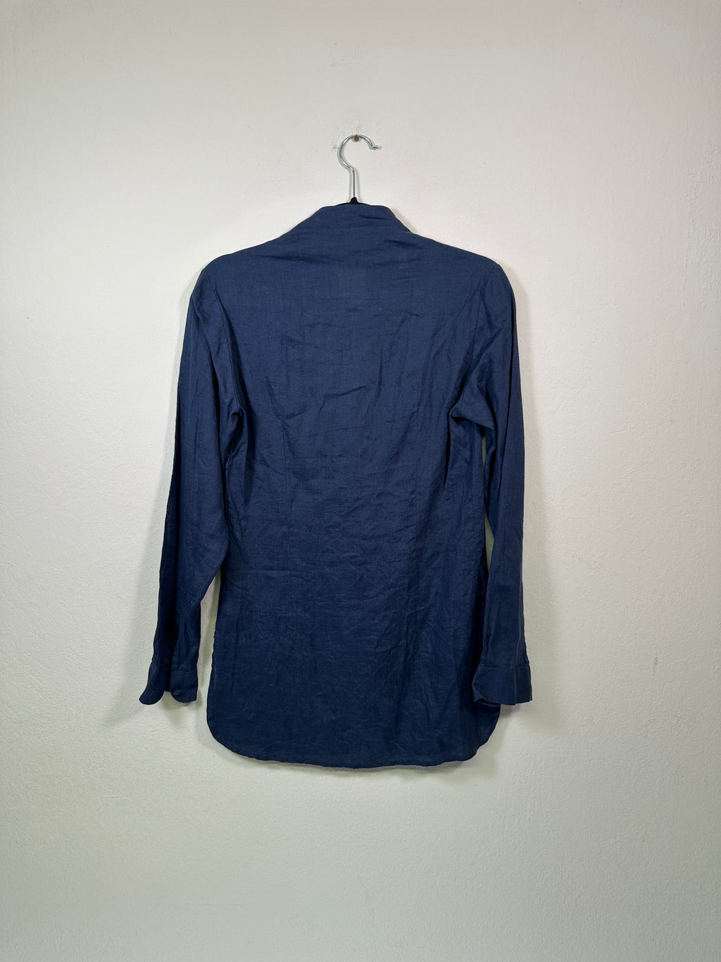 Maneki-Neko Italian Navy Blue Linen Mock Neck Blouse Top