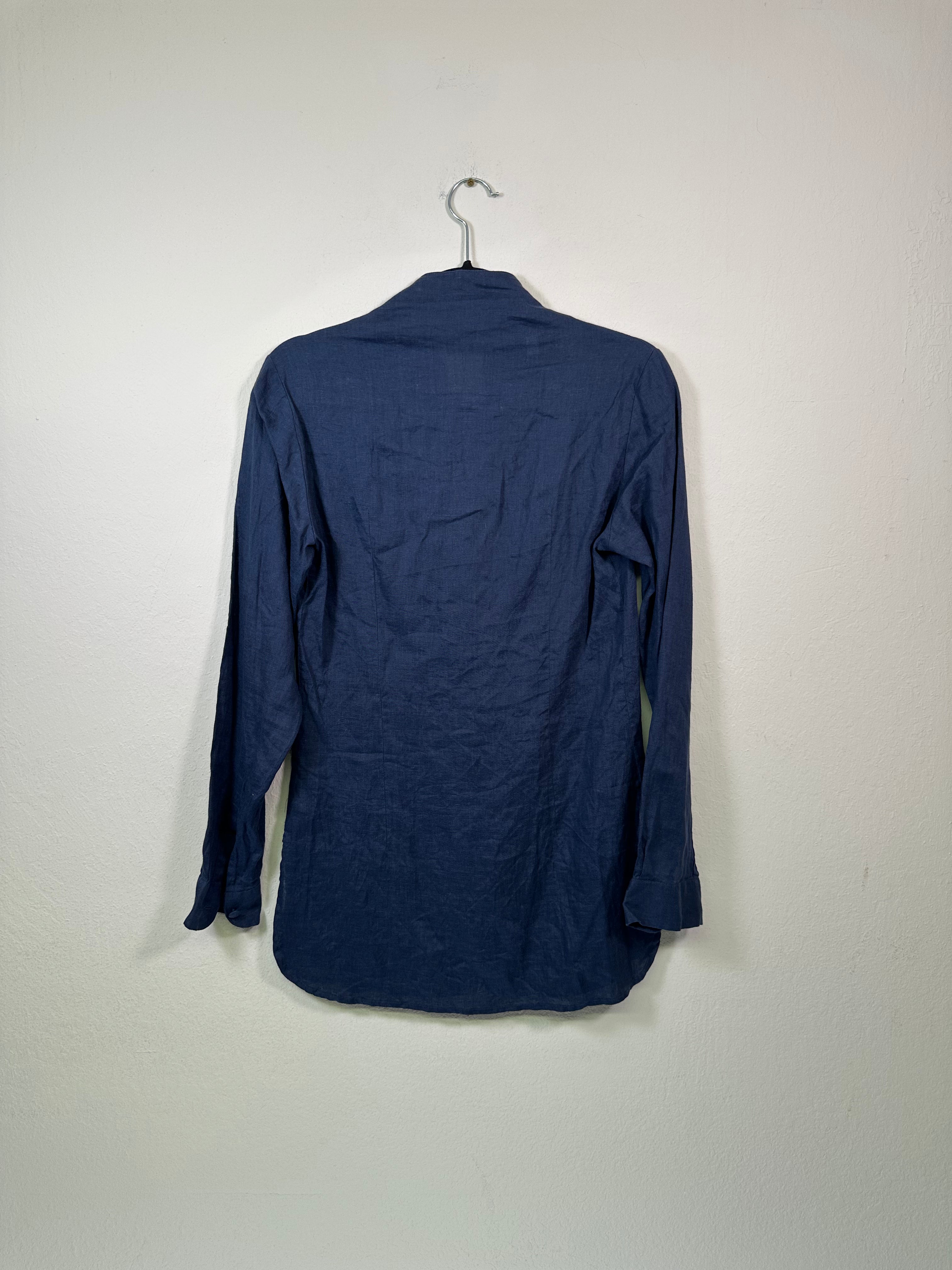 Maneki-Neko Italian Navy Blue Linen Mock Neck Blouse Top