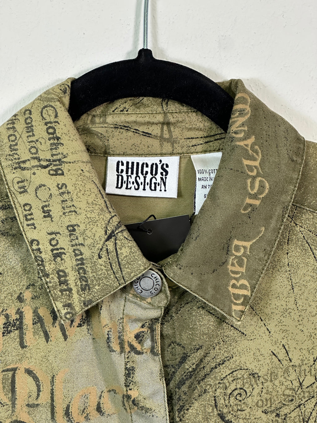 Y2K Chico's Graphic Euro Print Green Shirt Jacket