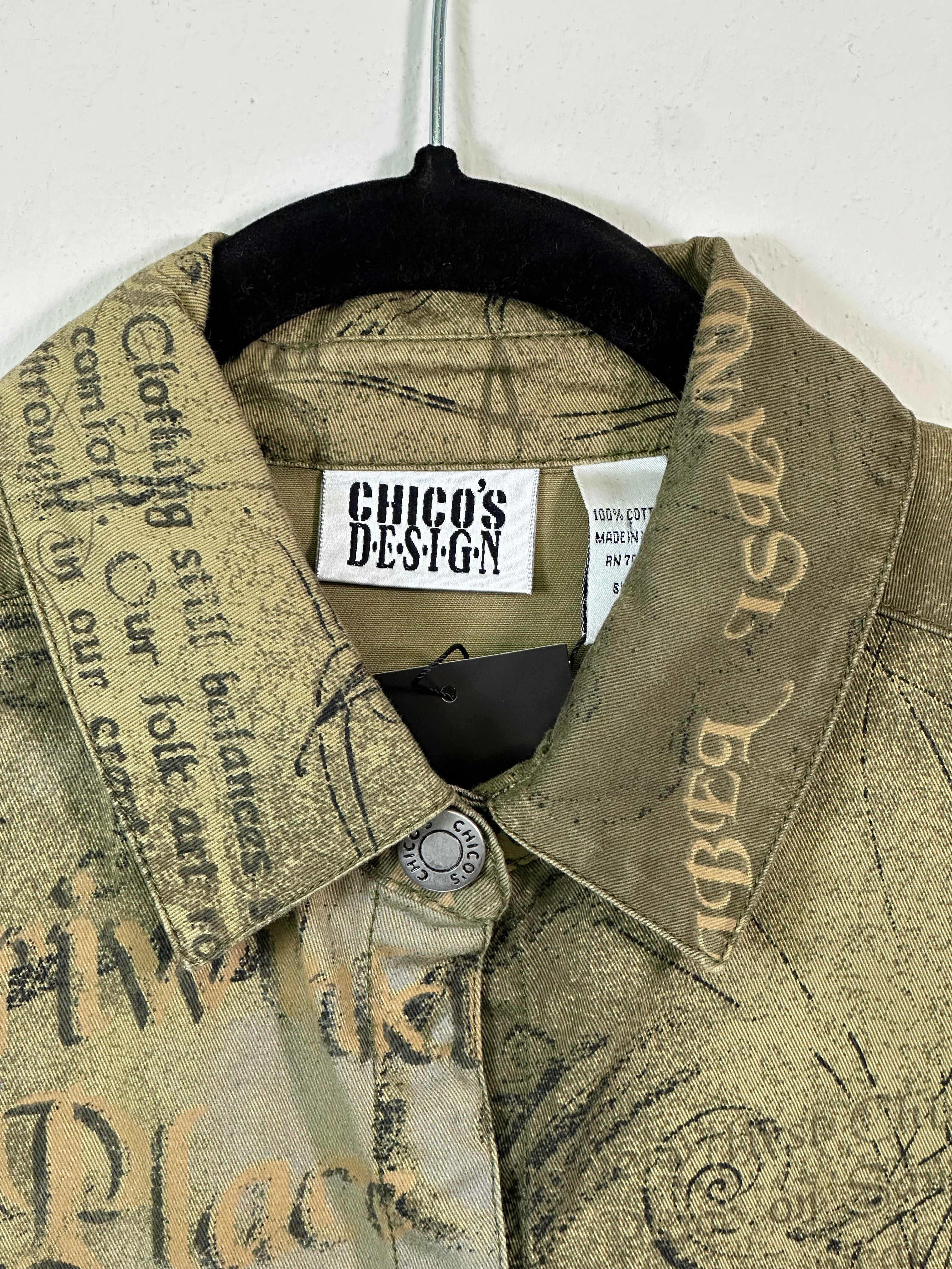 Y2K Chico's Graphic Euro Print Green Shirt Jacket