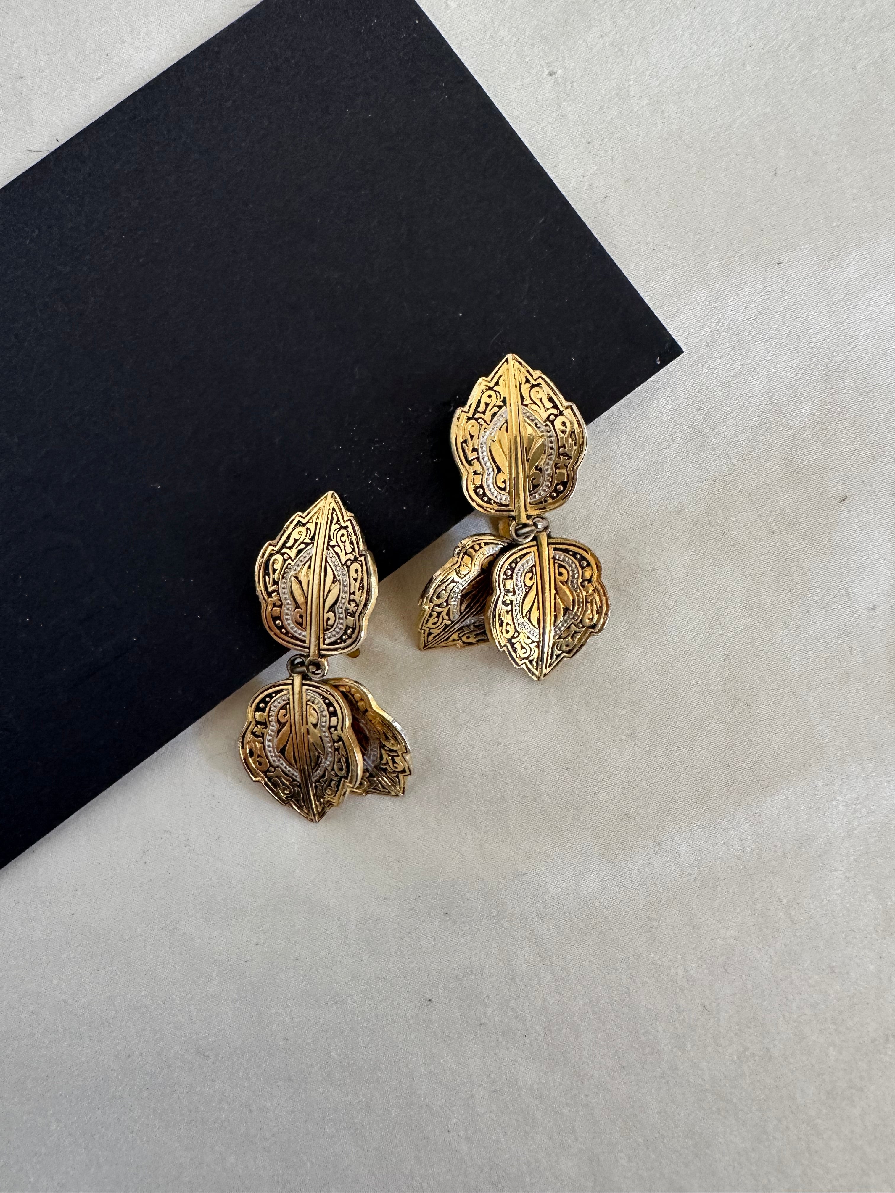 Gold, Silver & Black Leaf Clip-On Earrings