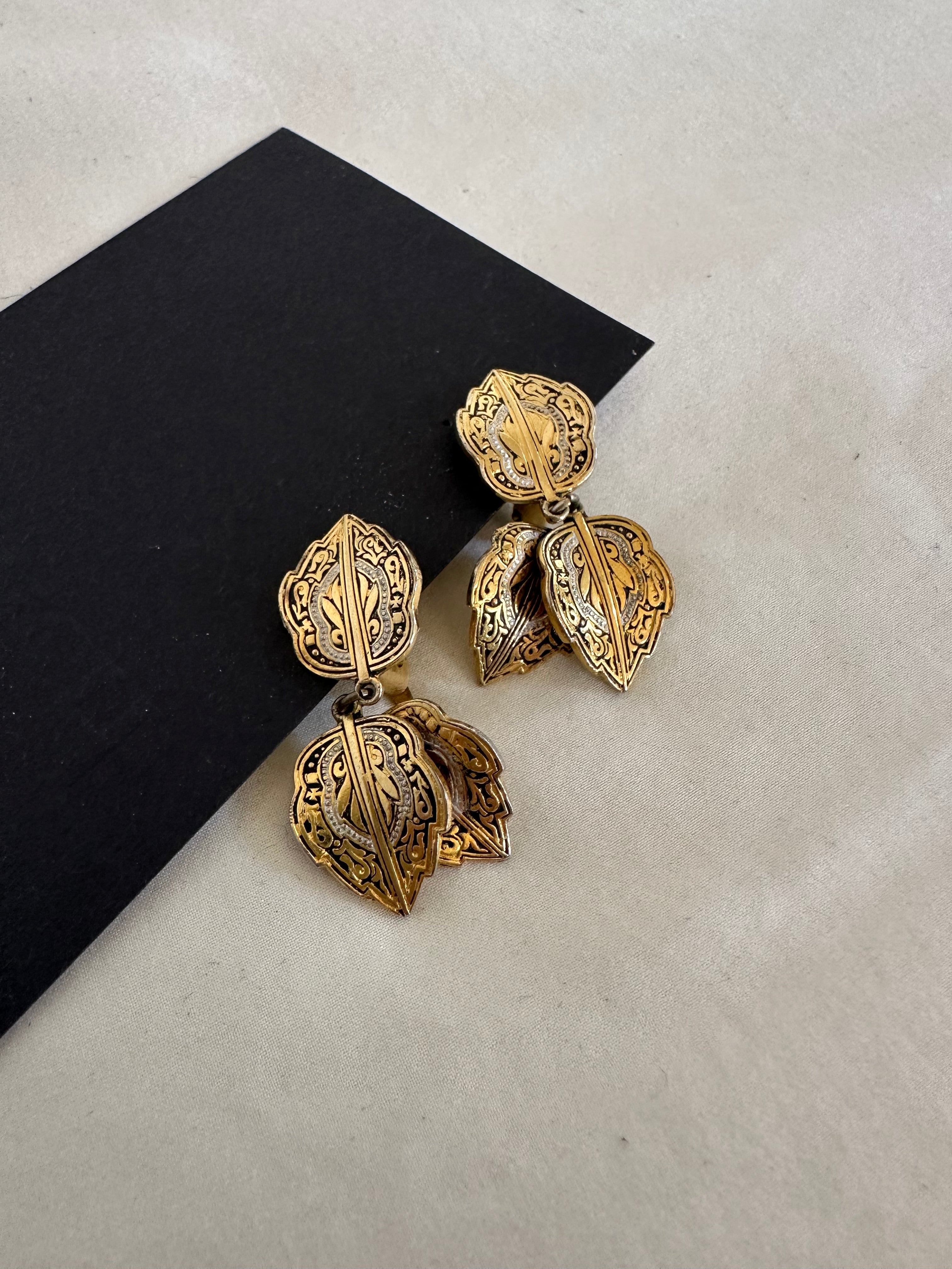 Gold, Silver & Black Leaf Clip-On Earrings