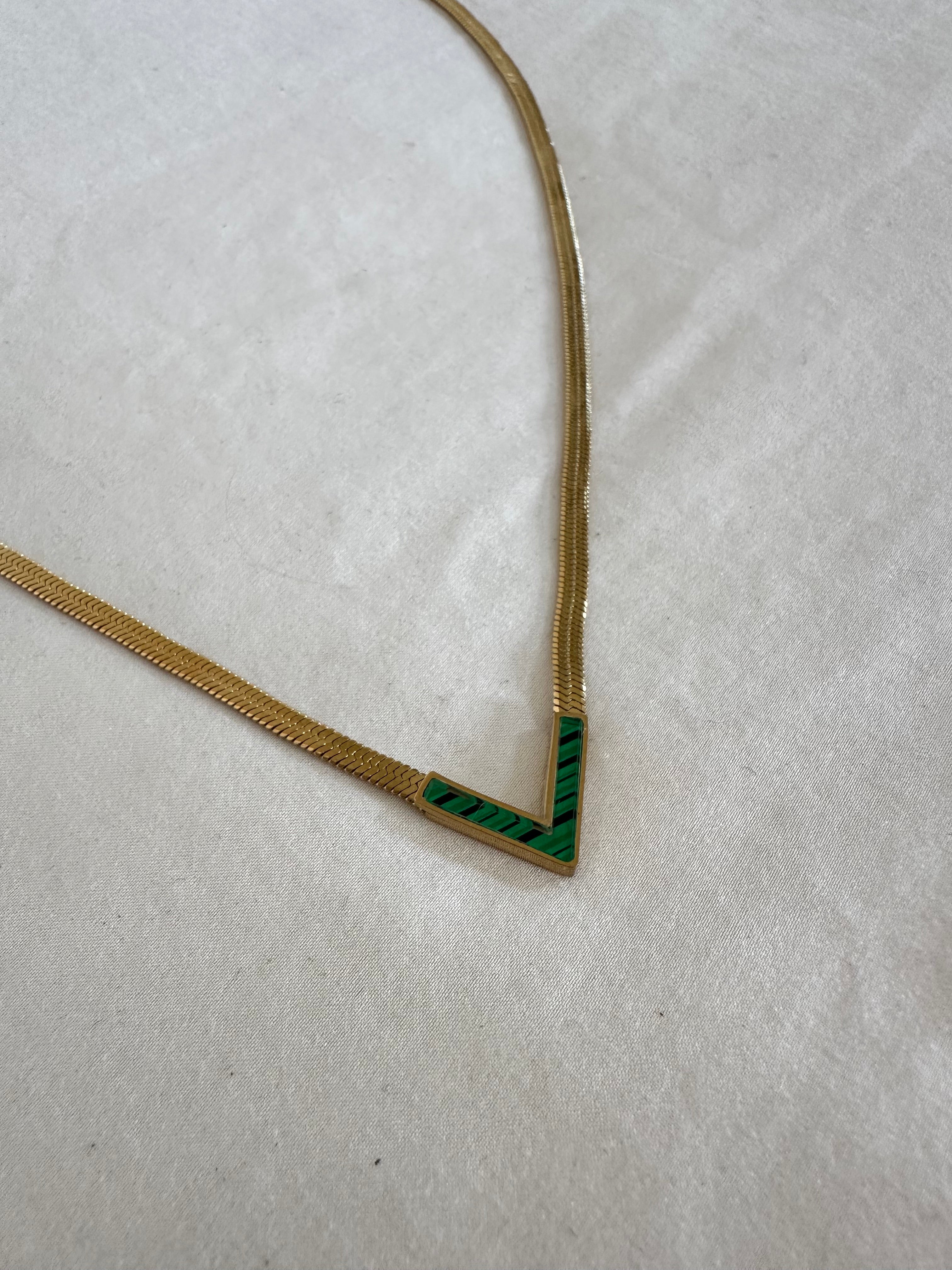 Green Chevron Inlay V Necklace