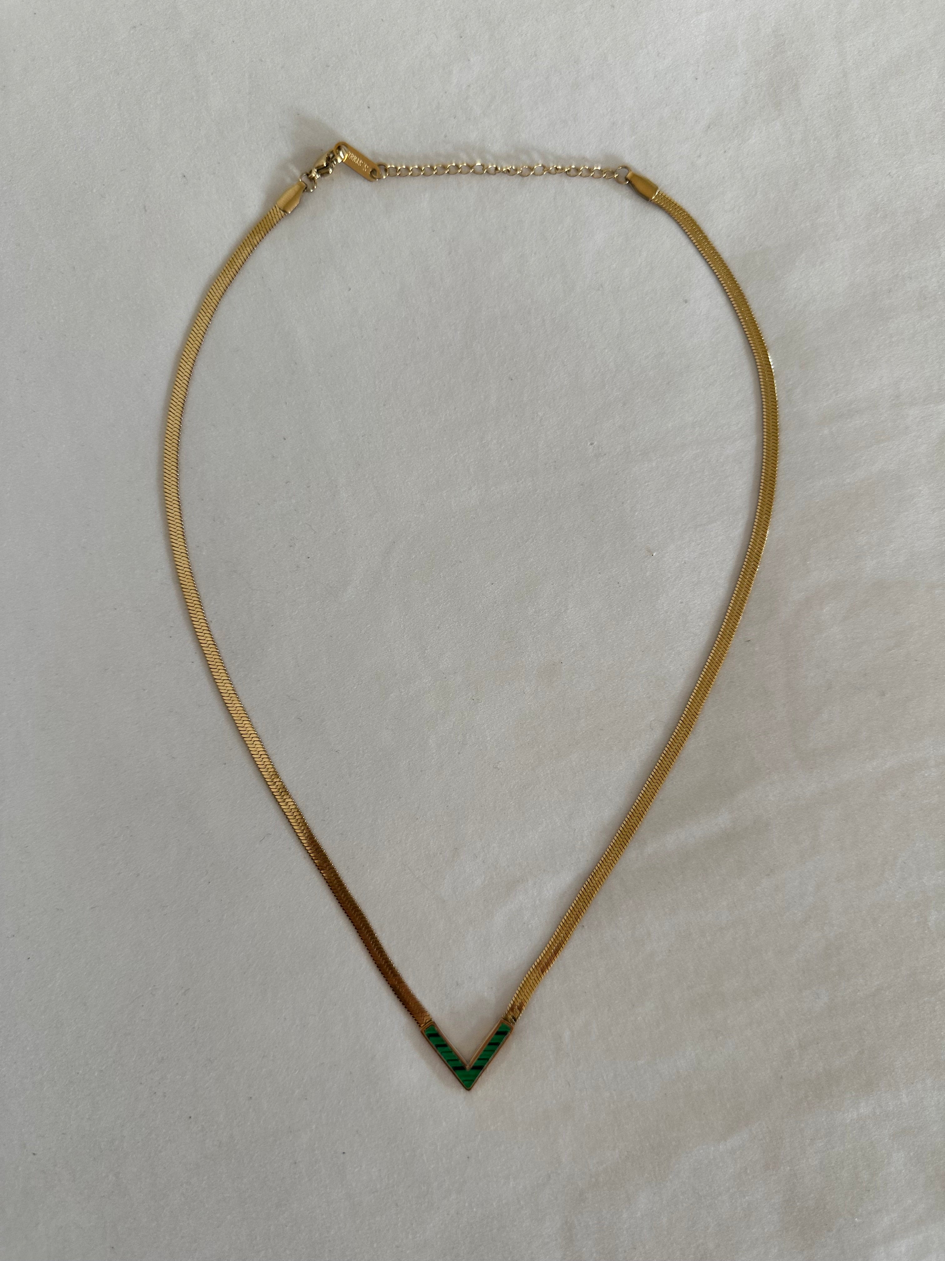 Green Chevron Inlay V Necklace
