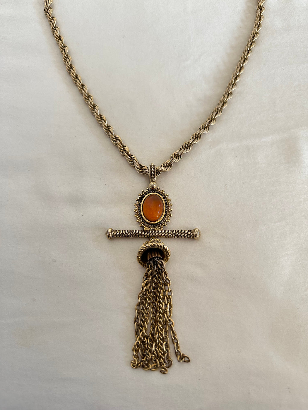 Monet Amber Cabochon Tassel Necklace