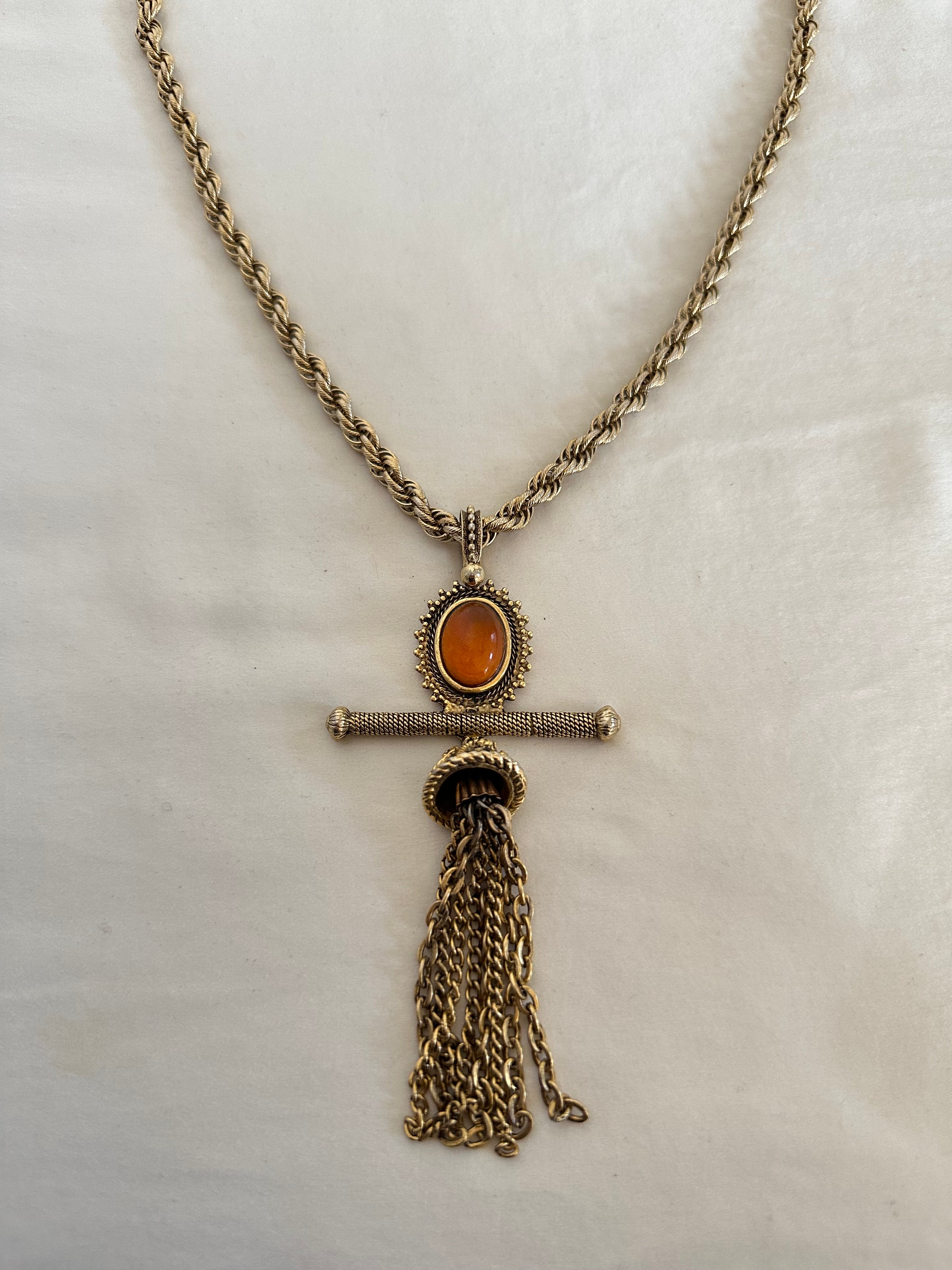 Monet Amber Cabochon Tassel Necklace