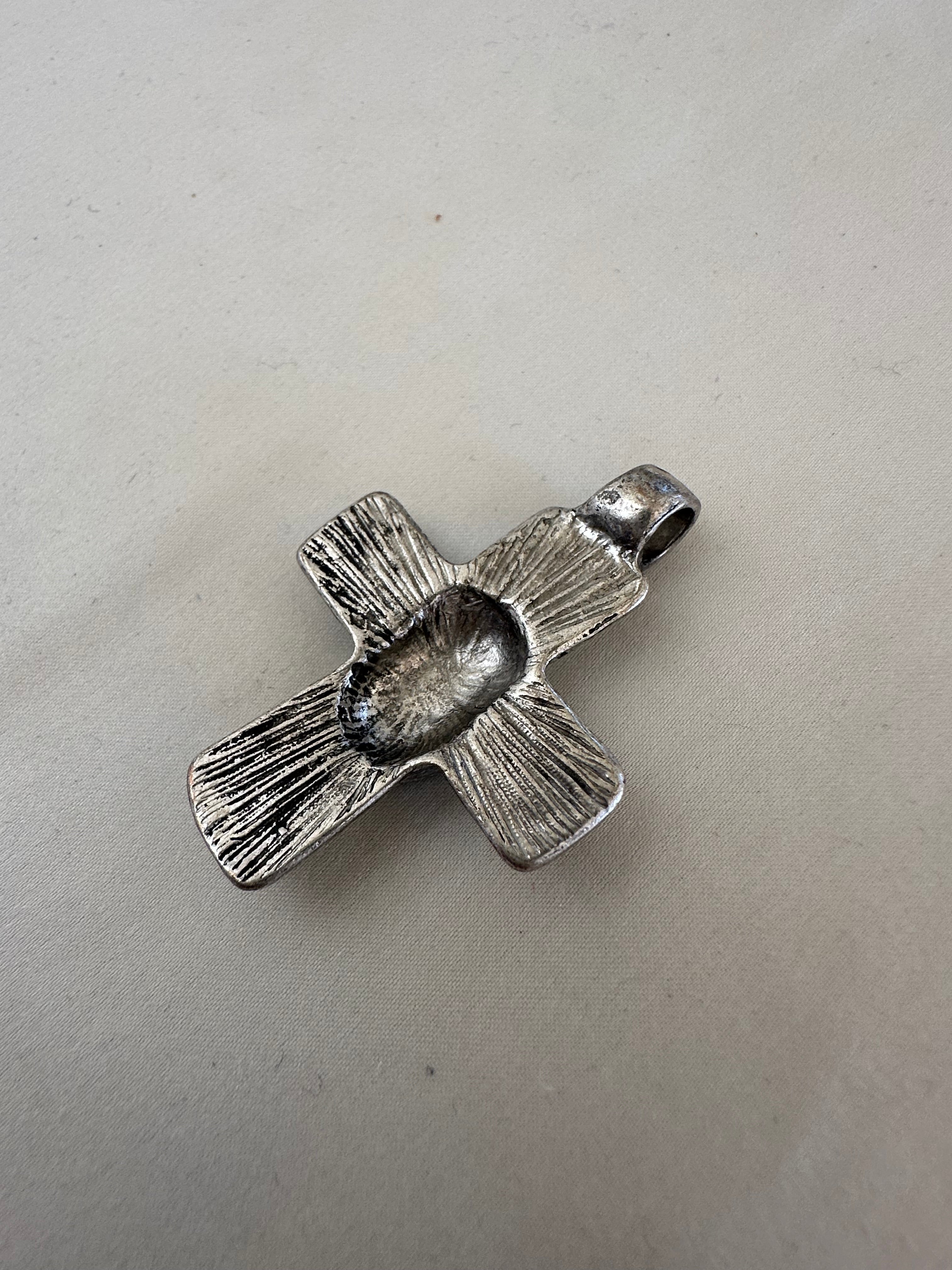Textured Silver-Tone Cross Pendant on Wax Cord
